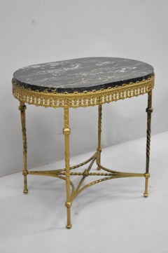 Antique French Art Nouveau Deco Oval Marble-Top Wrought Iron Accent Side Table