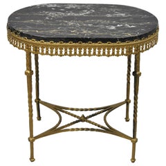 Antique French Art Nouveau Deco Oval Marble-Top Wrought Iron Accent Side Table