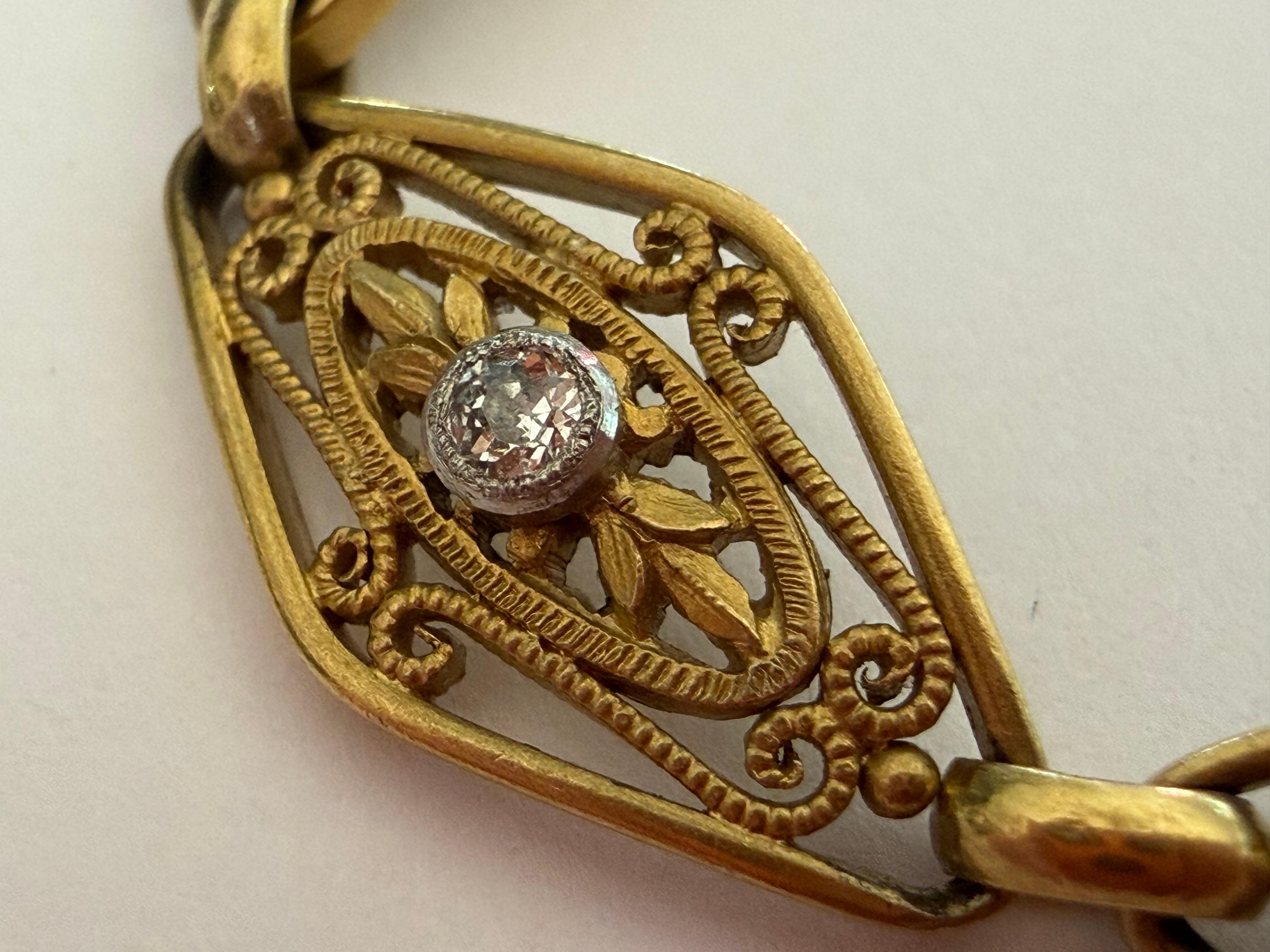 Antique French Art Nouveau Diamond and Garnet Gold Navette Pulsera de eslabones en Bueno estado para la venta en Denver, CO
