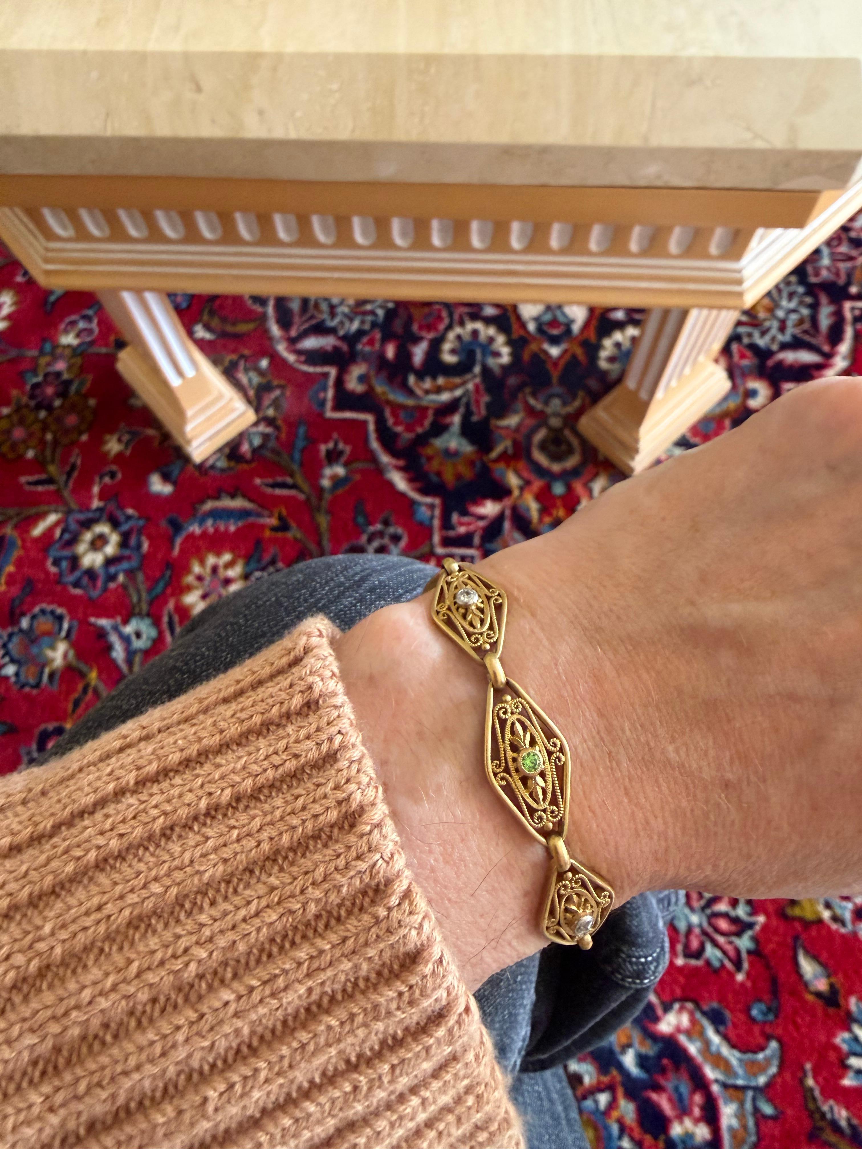 Antique French Art Nouveau Diamond and Garnet Gold Navette Pulsera de eslabones en venta 4