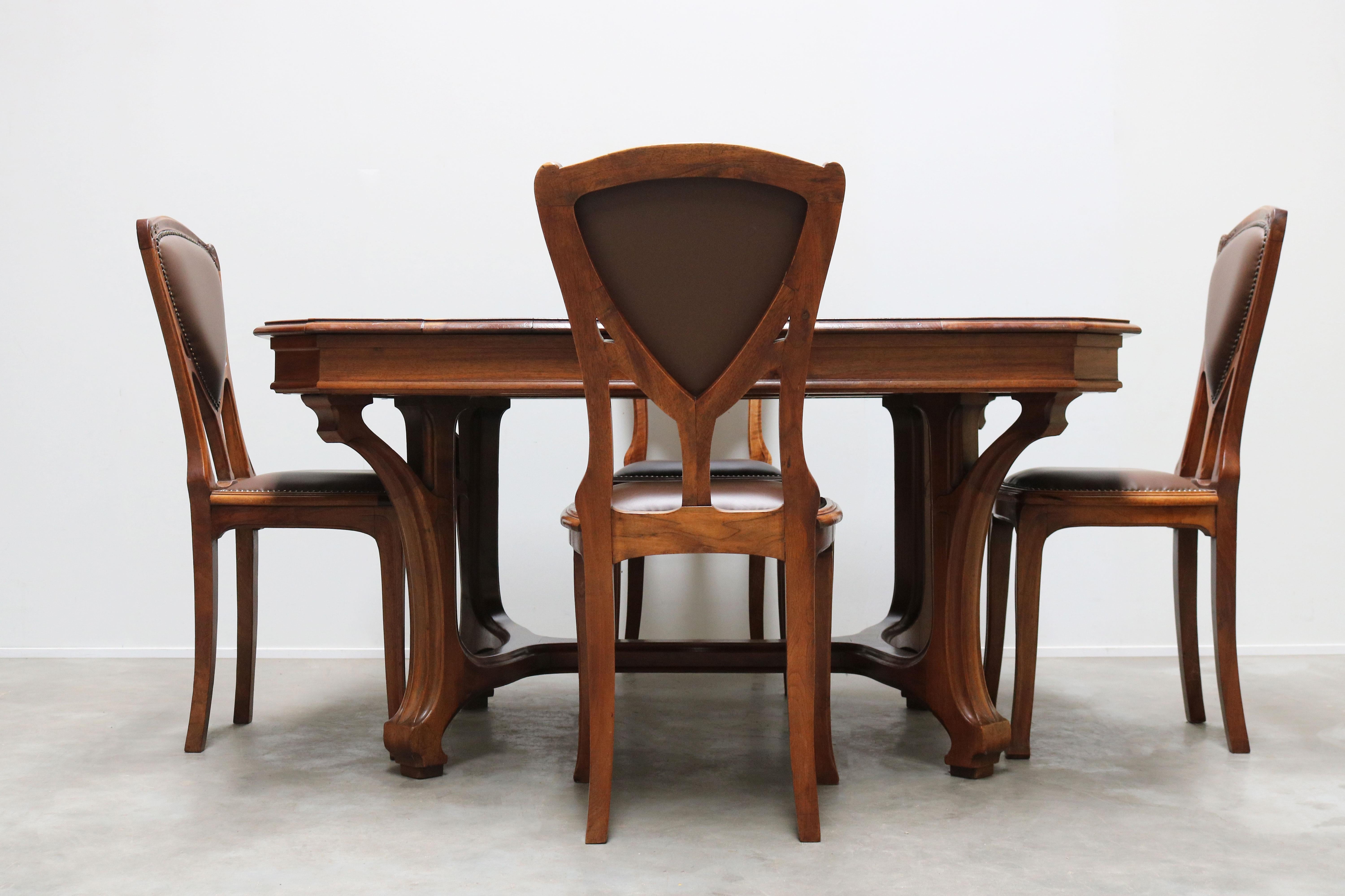 Antique French Art Nouveau Dining Room Set by Eugène Vallin 1903 Table Chairs For Sale 1