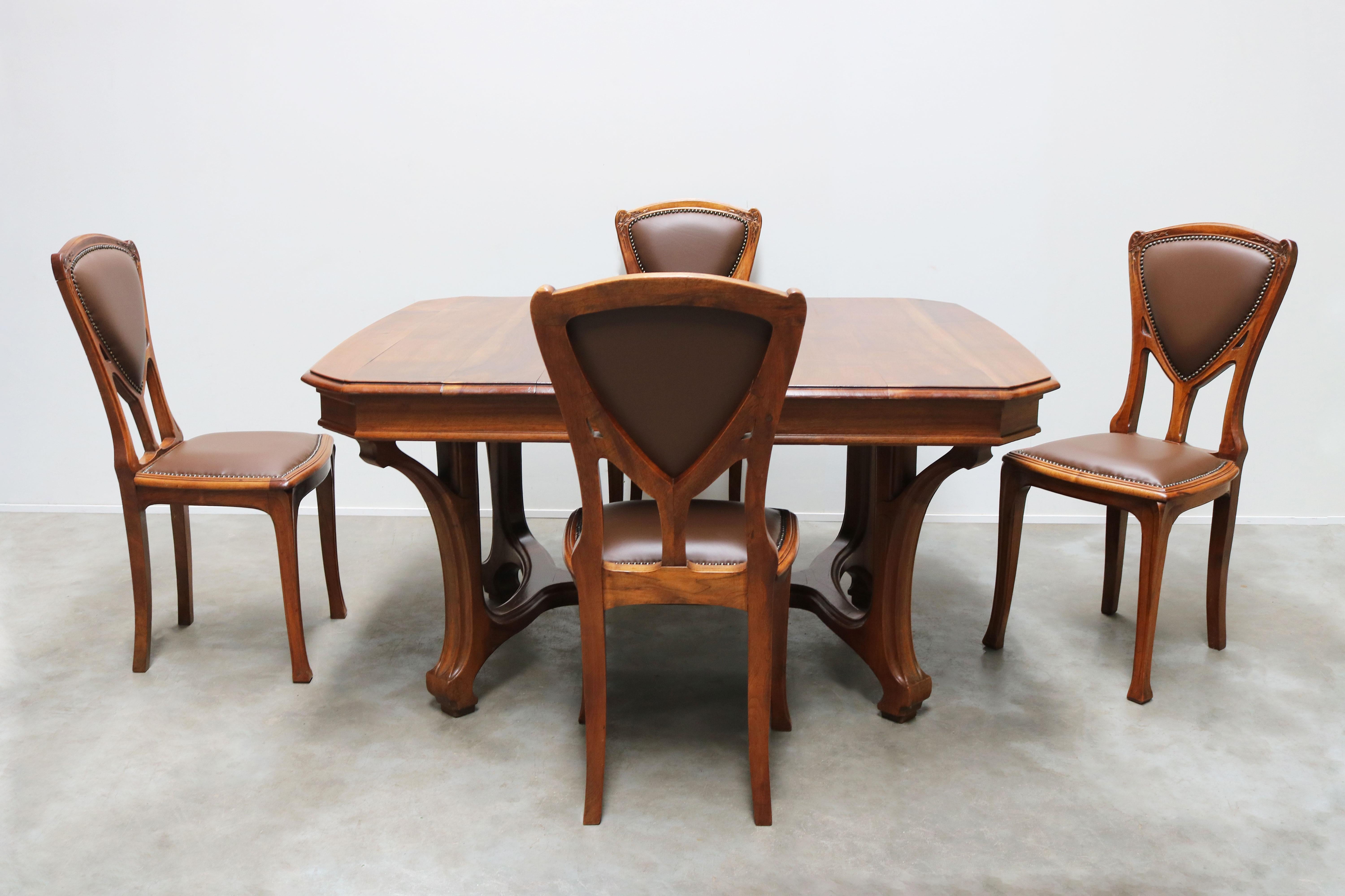 Leather Antique French Art Nouveau Dining Room Set by Eugène Vallin 1903 Table Chairs For Sale