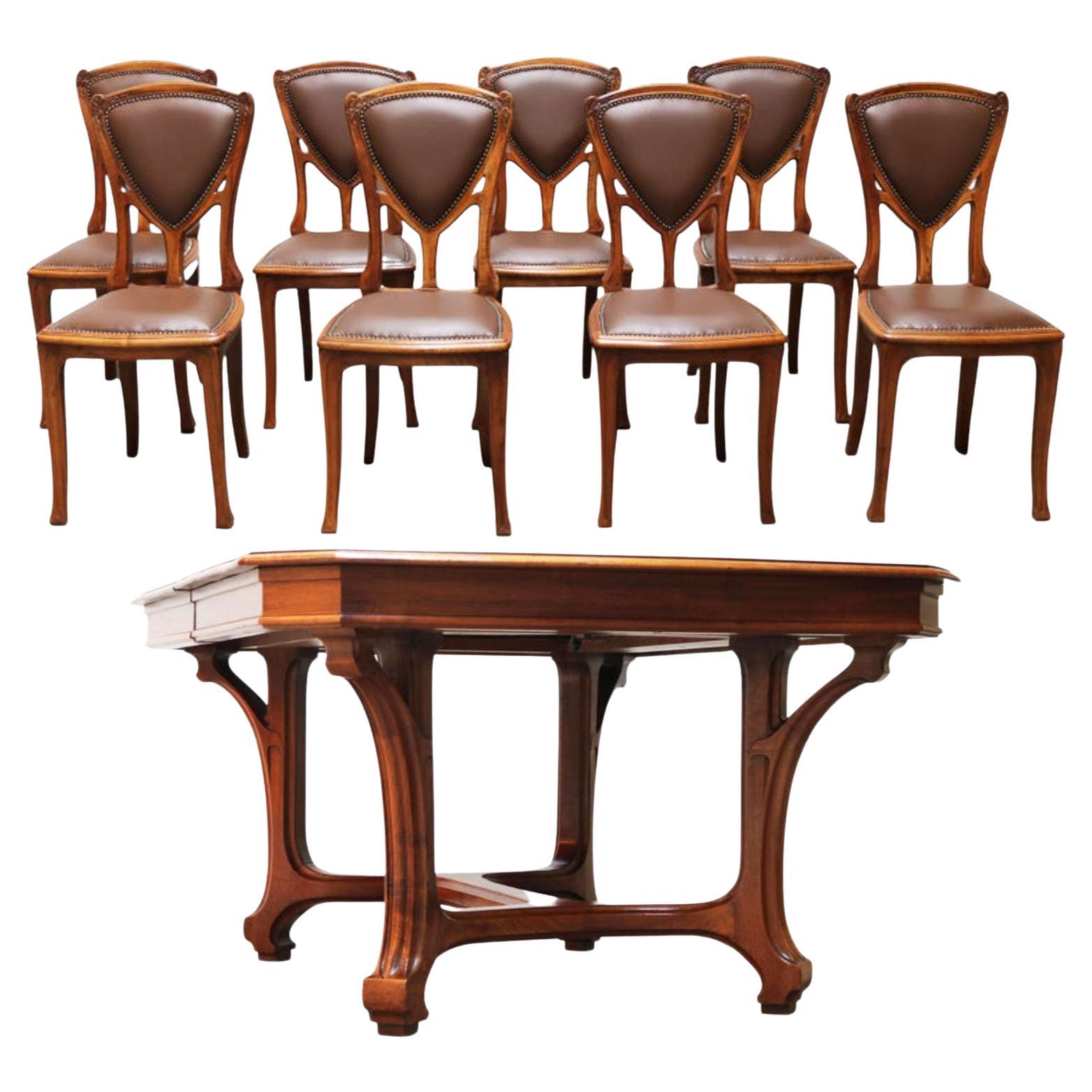 Antique French Art Nouveau Dining Room Set by Eugène Vallin 1903 Table Chairs For Sale