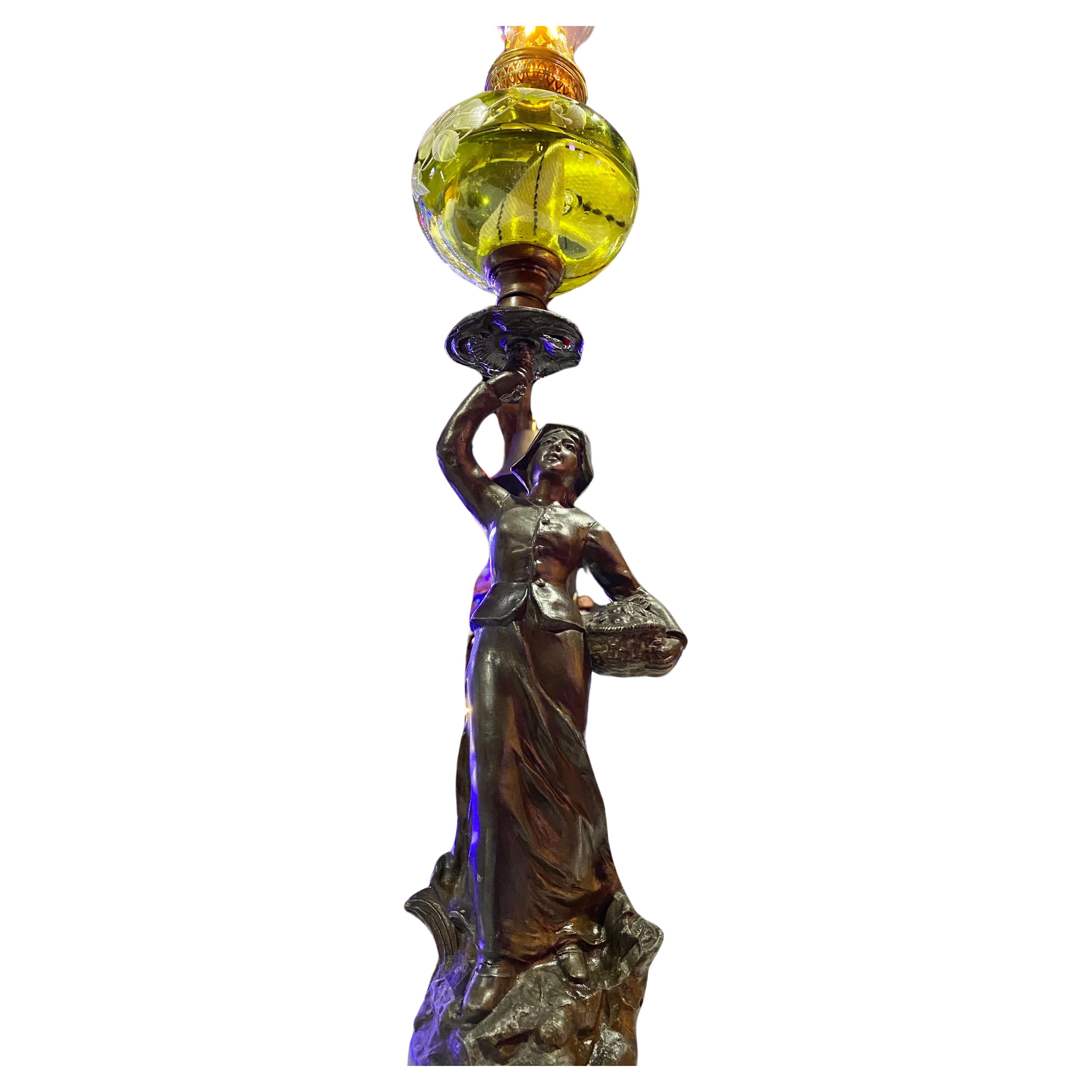 Important 19th century French Art Nouveau oil torchiere lamp with hand painted floral green glass shade and glass chimney, rising on a circular faux bois wood base with brass placard reading; LA CUEILLETTE,
Par Maroeau.  
Elegant sculpture with