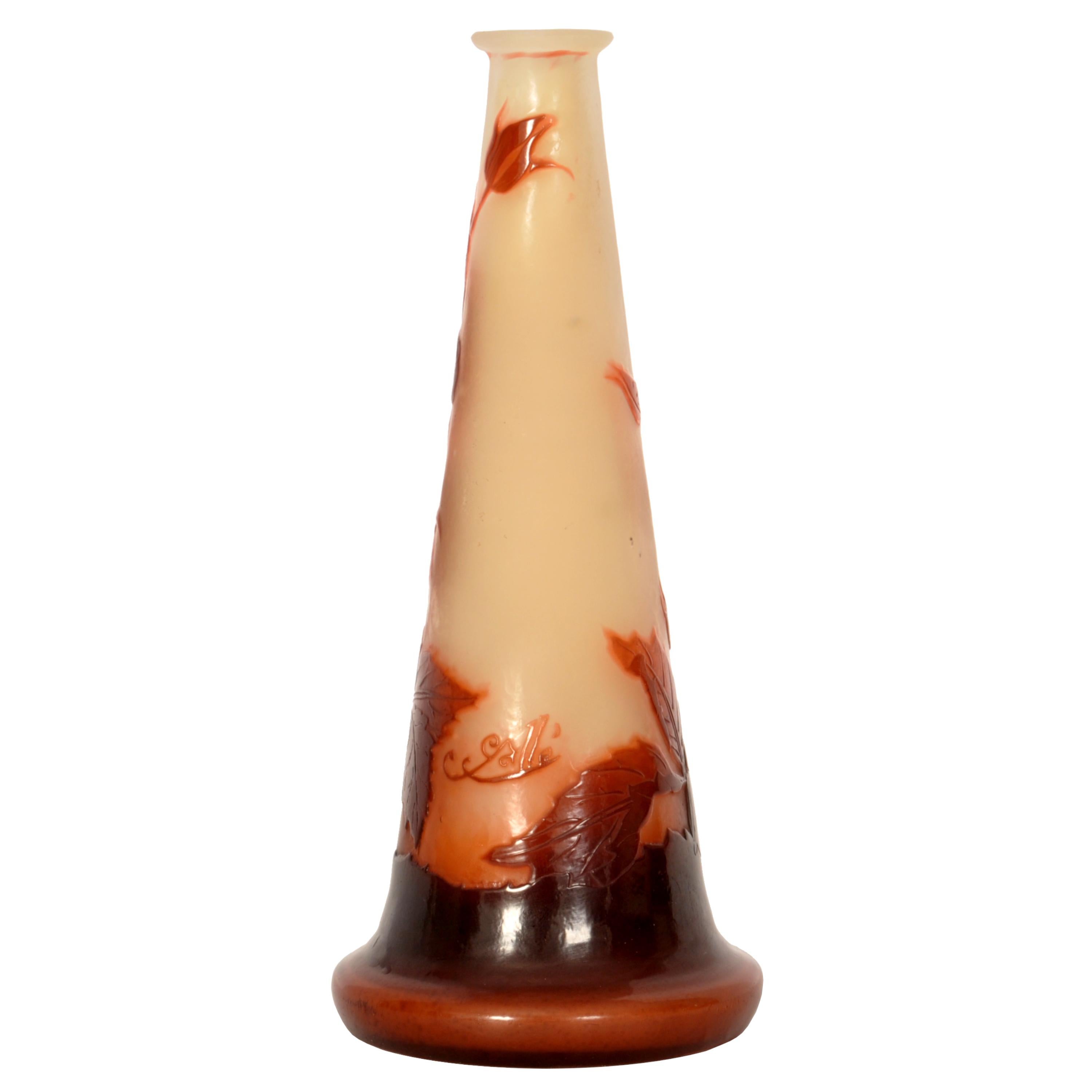 Antique French Art Nouveau Fire Polished Cameo Glass Emile Gallé Stem Vase, 1900 In Good Condition For Sale In Portland, OR