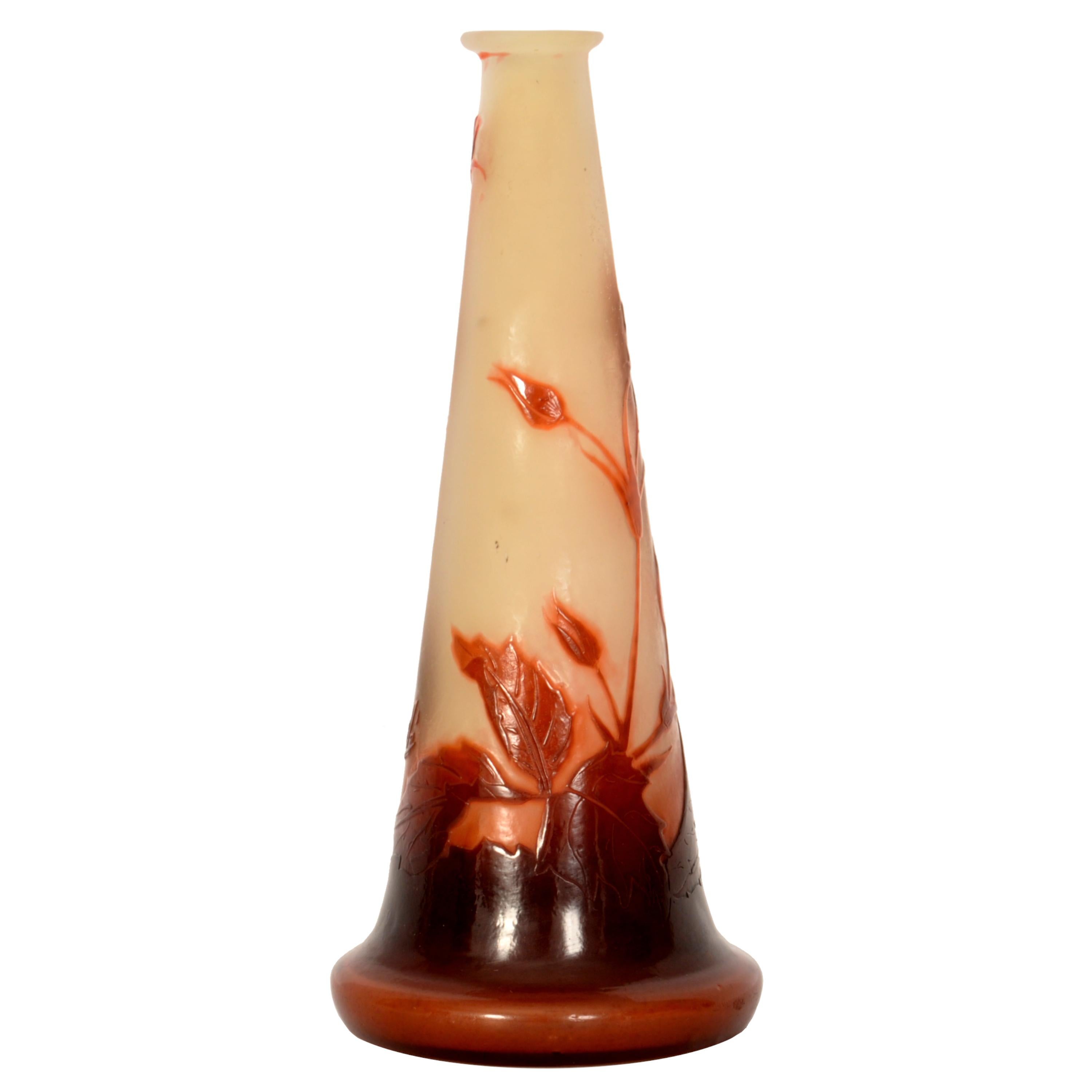 Early 20th Century Antique French Art Nouveau Fire Polished Cameo Glass Emile Gallé Stem Vase, 1900 For Sale