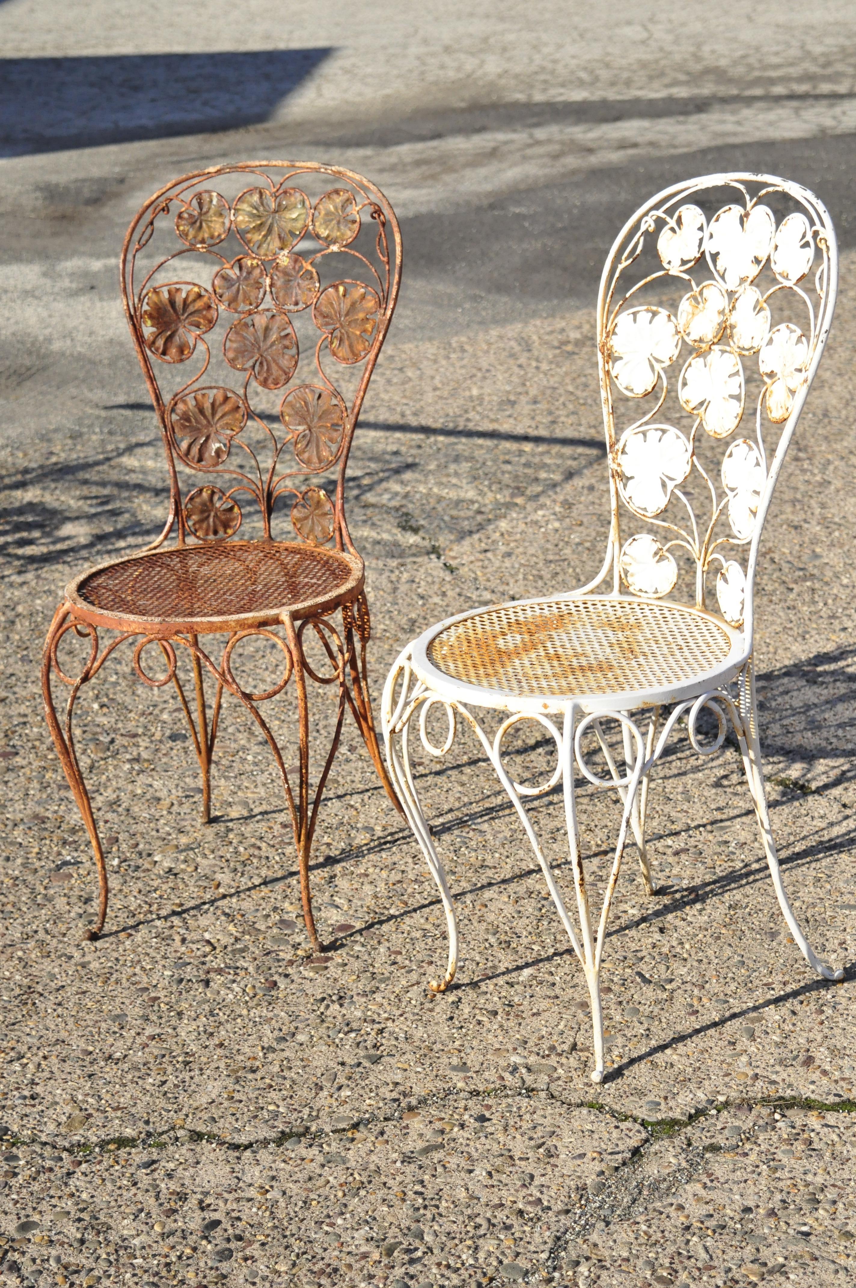 Antique French Art Nouveau Flower Maple Leaf Wrought Iron Garden Chairs, a Pair 5