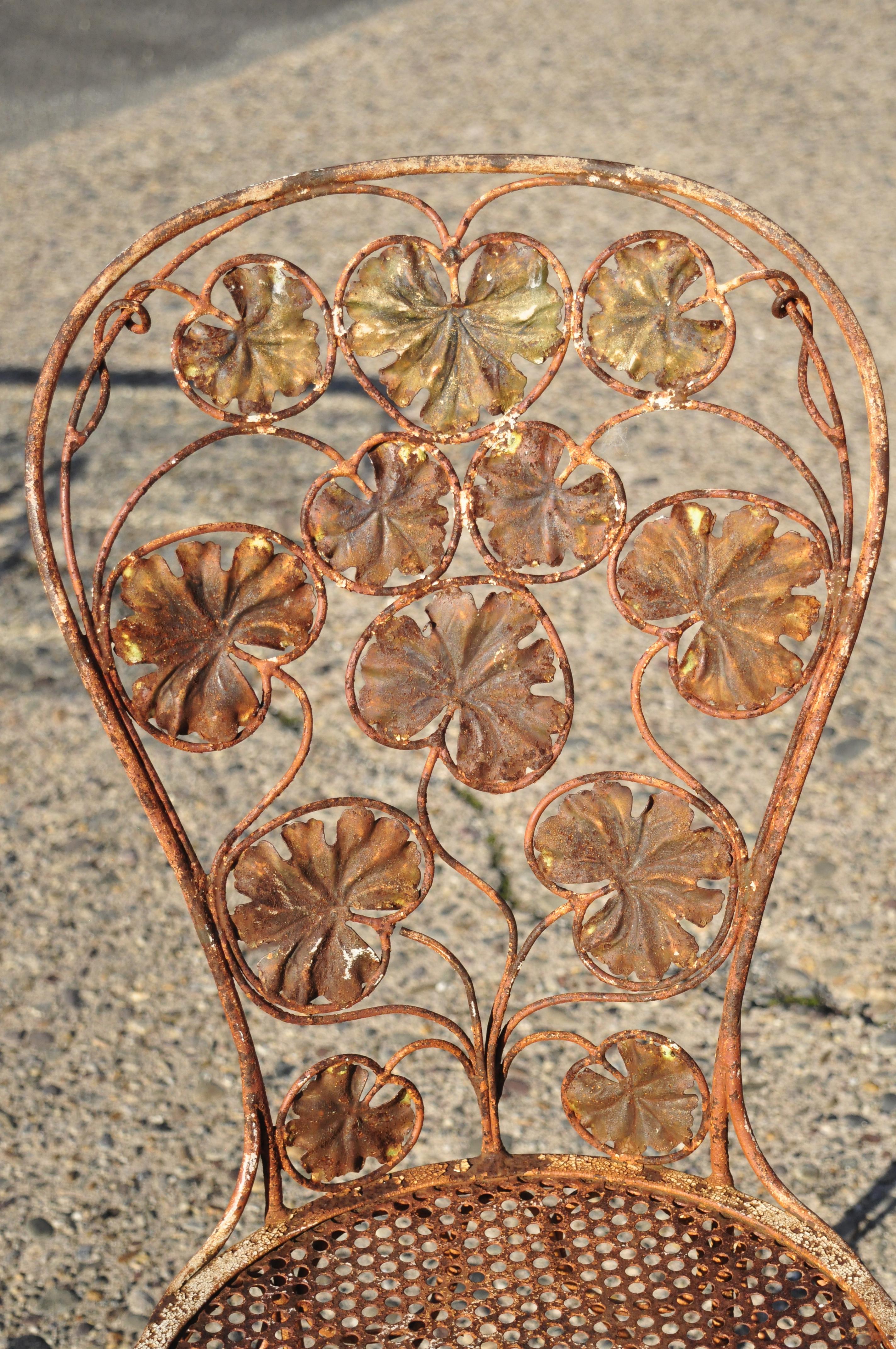 North American Antique French Art Nouveau Flower Maple Leaf Wrought Iron Garden Chairs, a Pair
