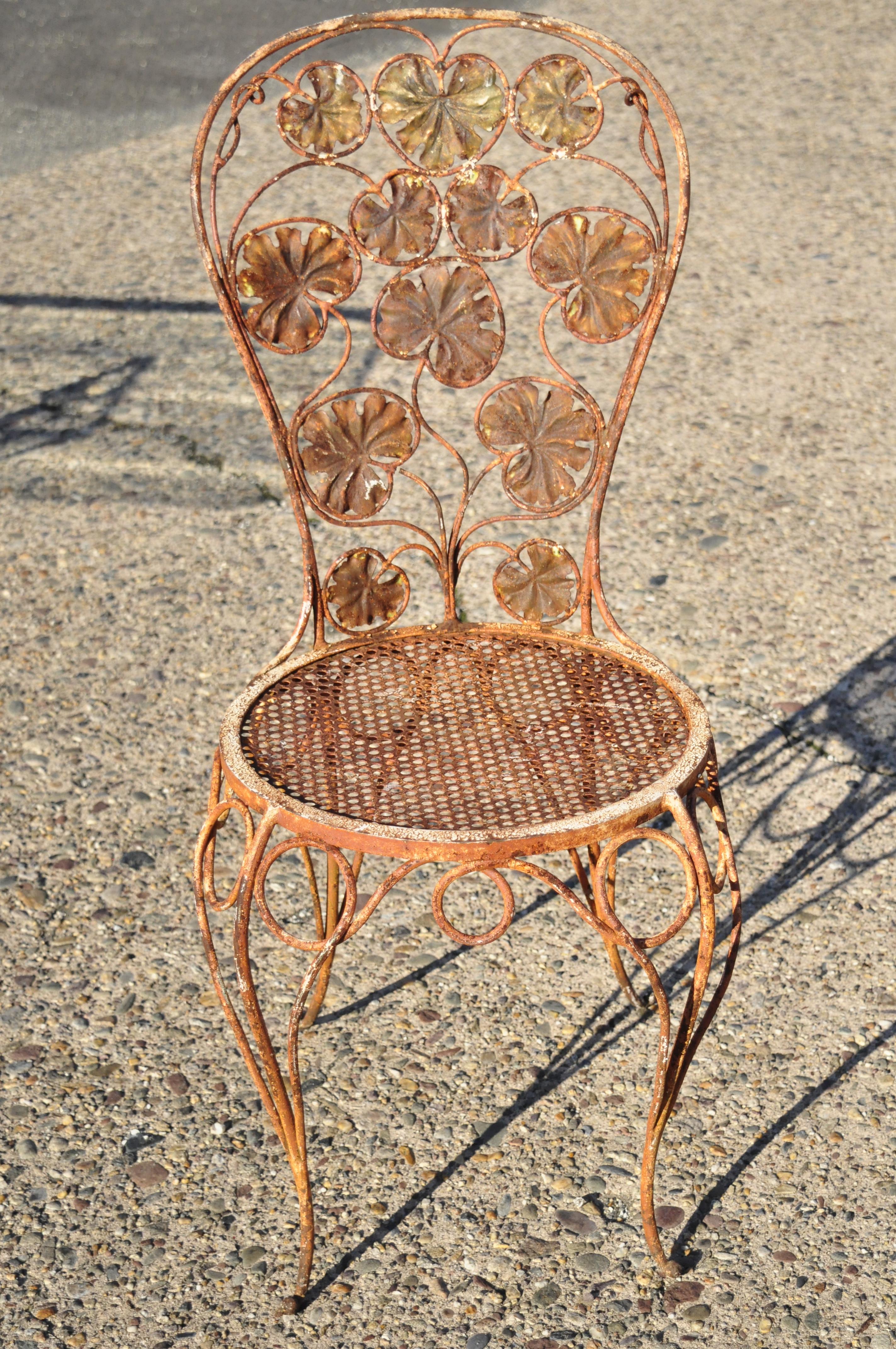 Antique French Art Nouveau Flower Maple Leaf Wrought Iron Garden Chairs, a Pair 2
