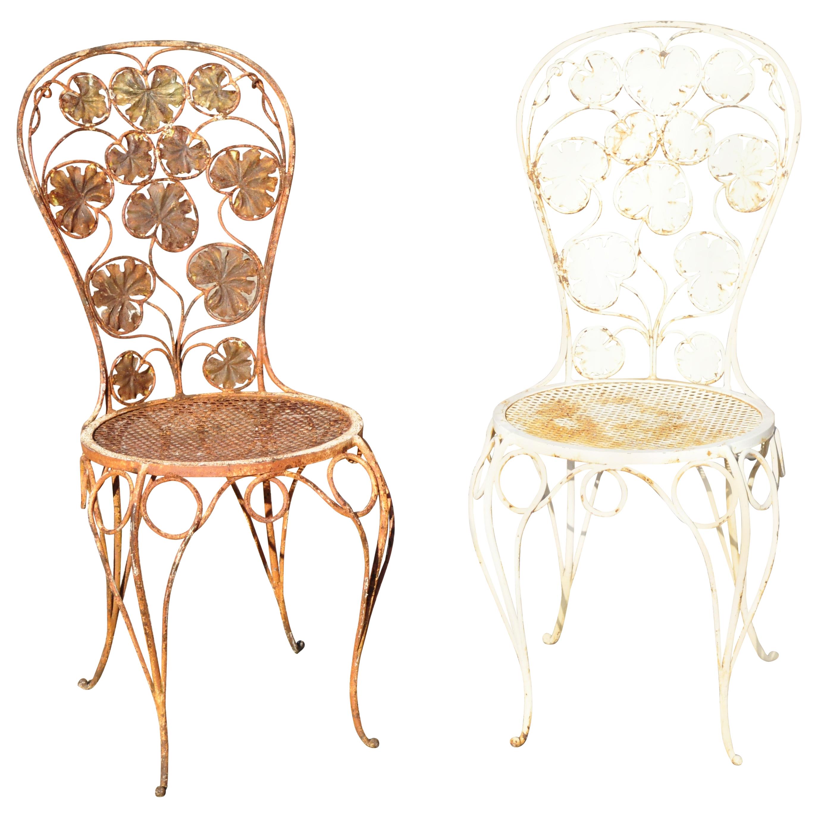 Antique French Art Nouveau Flower Maple Leaf Wrought Iron Garden Chairs, a Pair