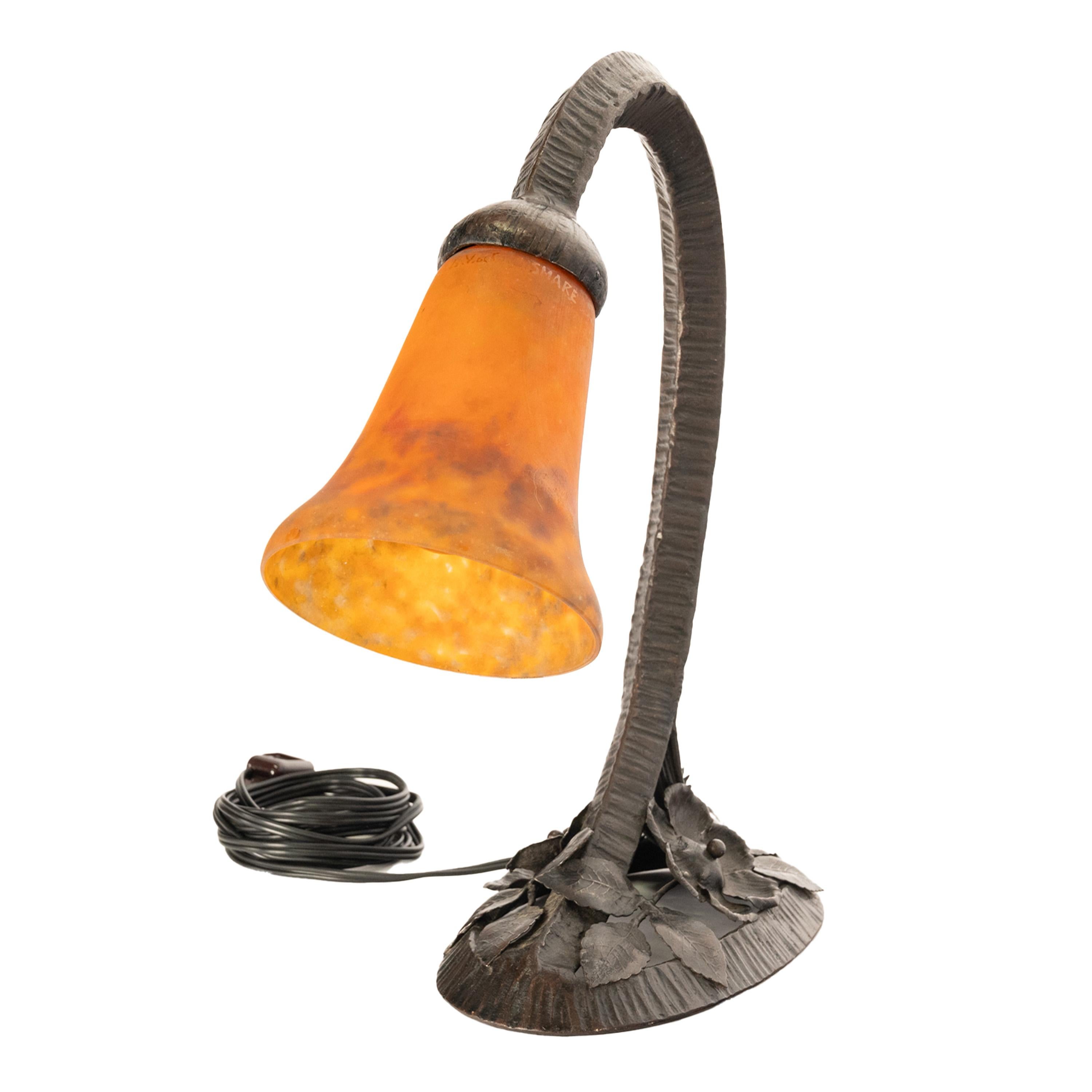 Antique French Art Nouveau Glass Iron Table Desk Lamp Muller Freres 1910 In Good Condition For Sale In Portland, OR