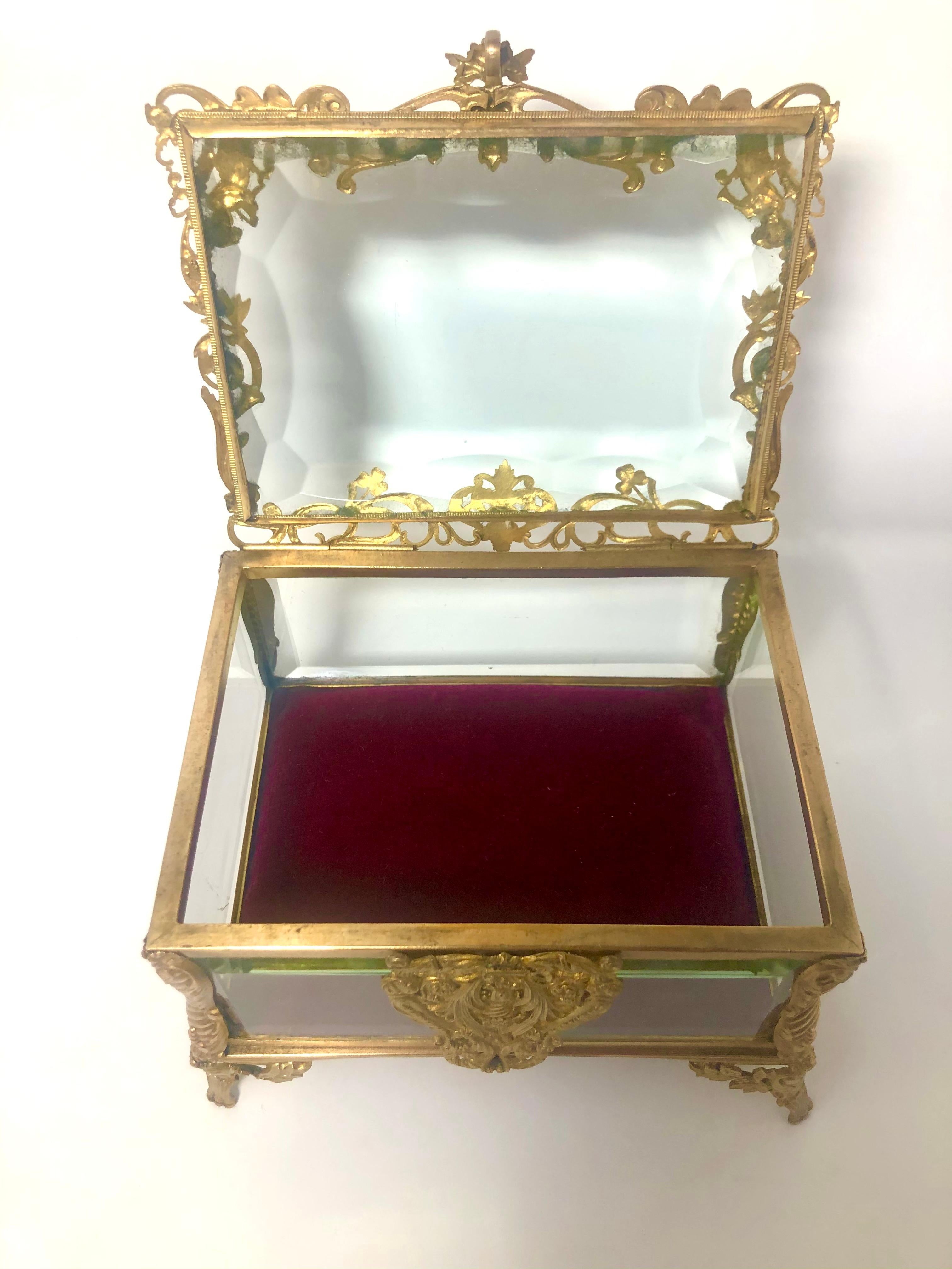 Antique French Art Nouveau gold bronze and crystal footed jewel box, Circa 1900.