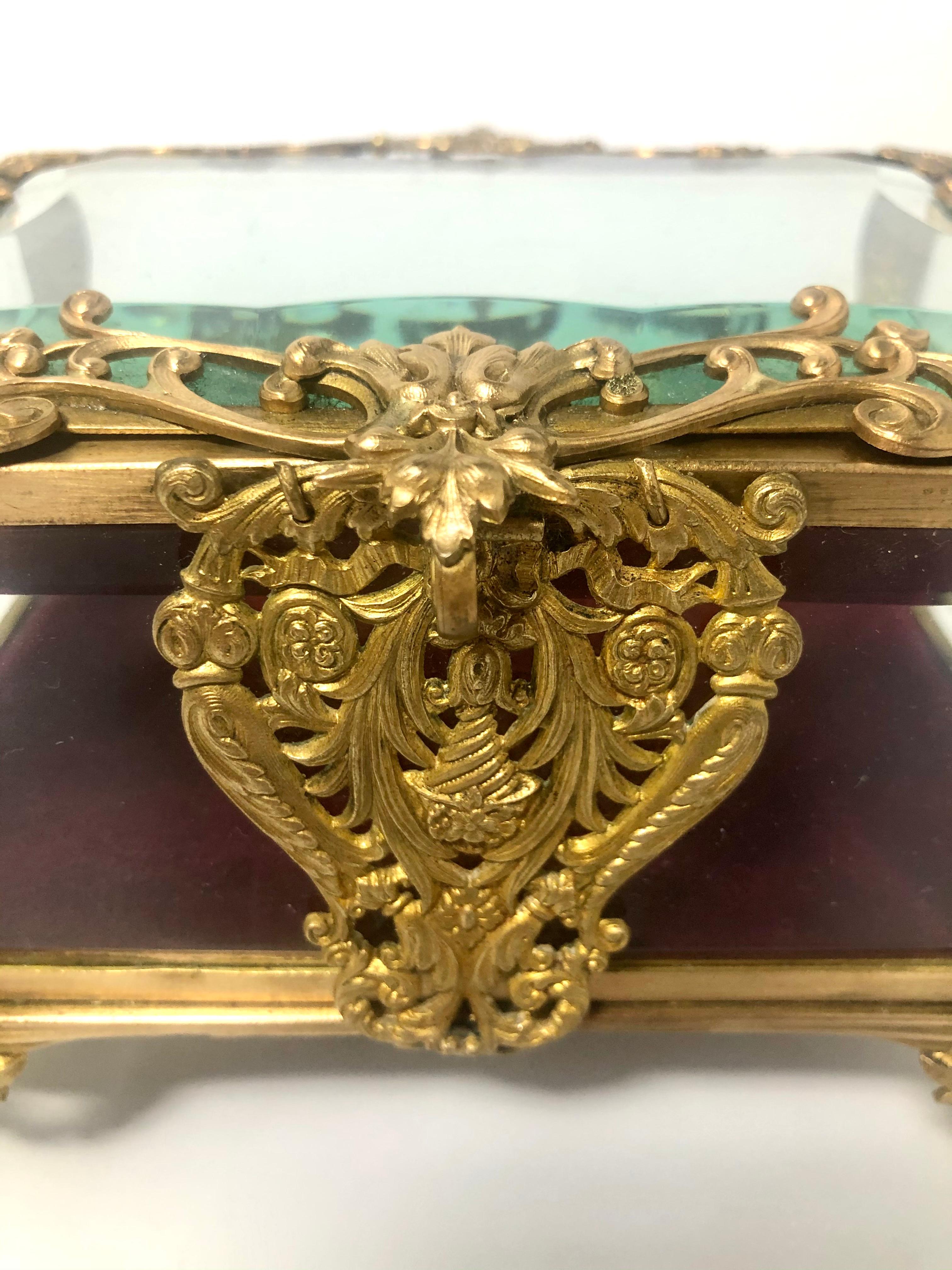 20th Century Antique French Art Nouveau Gold Bronze and Crystal Footed Jewel Box, Circa 1900