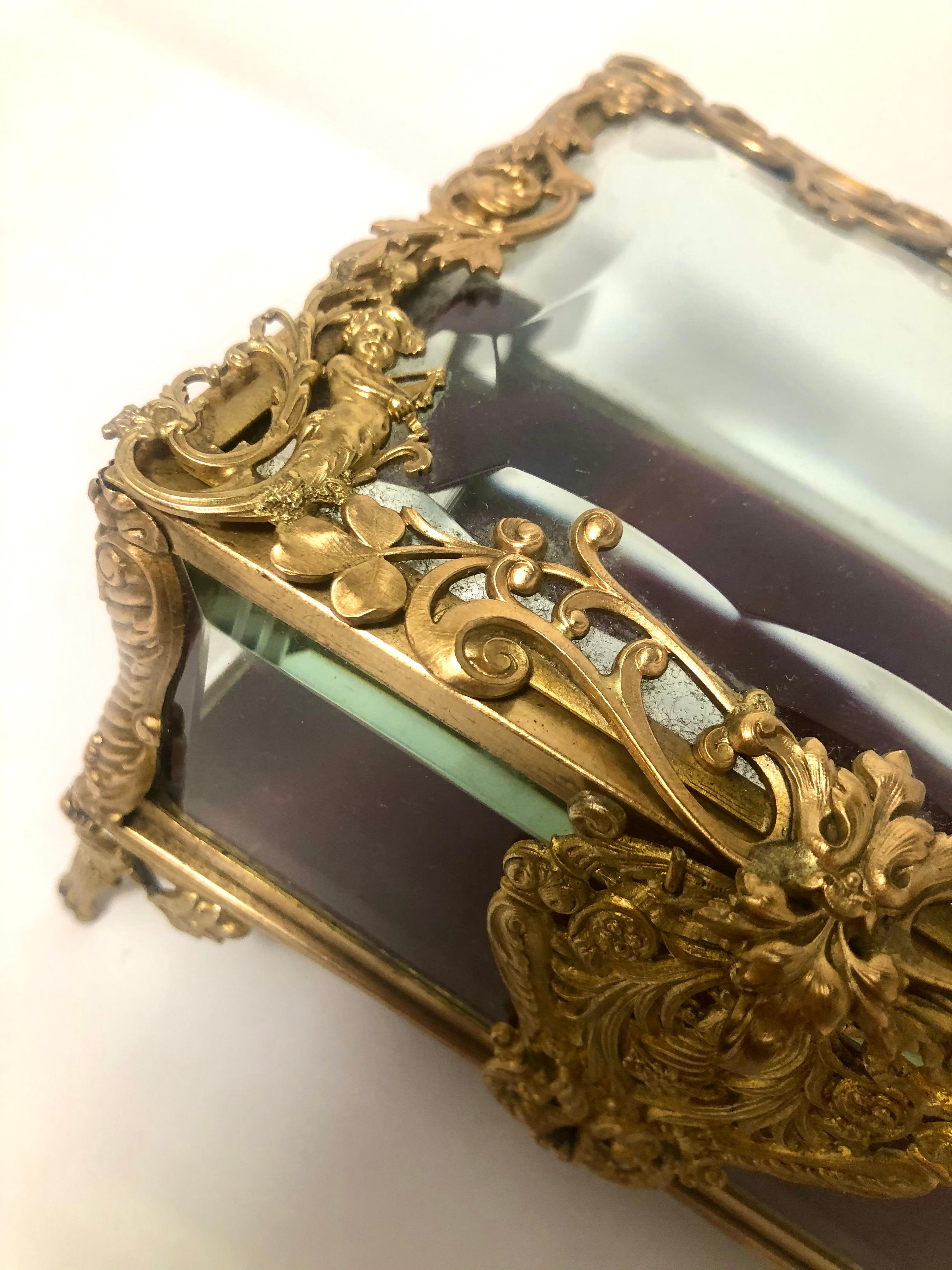 Antique French Art Nouveau Gold Bronze and Crystal Footed Jewel Box, Circa 1900 1
