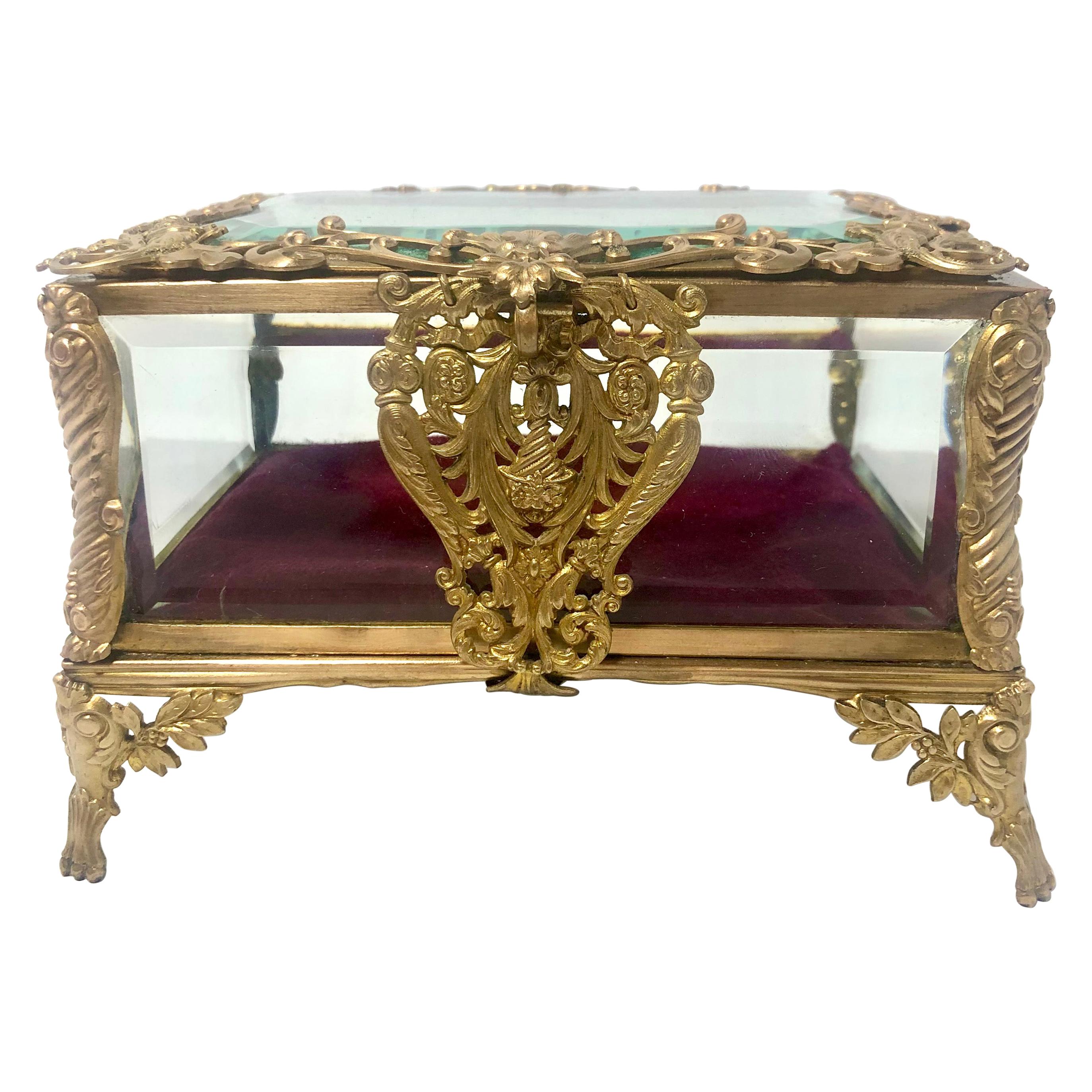 Antique French Art Nouveau Gold Bronze and Crystal Footed Jewel Box, Circa 1900