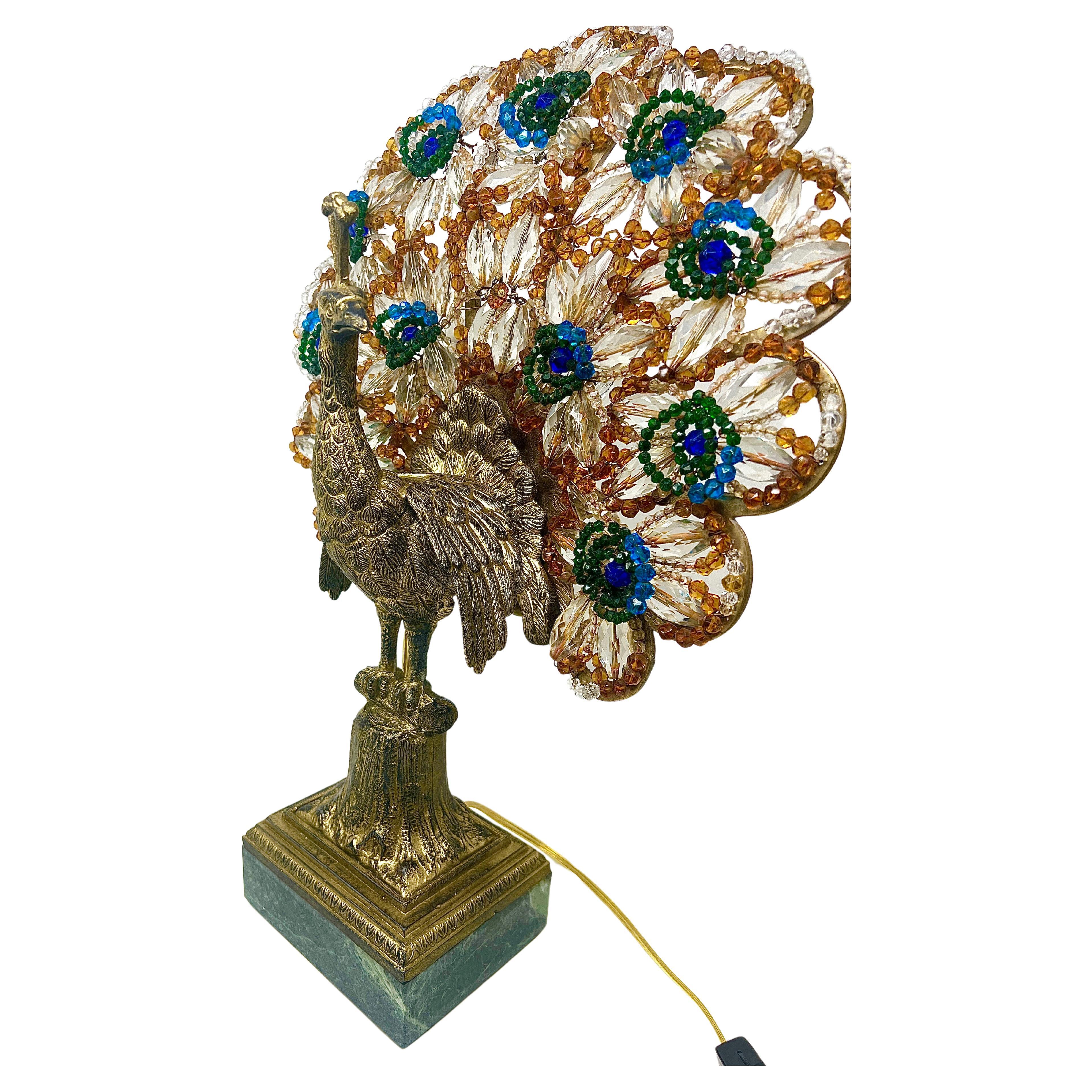 Antique French Art Nouveau Gold Bronze and Czechoslovakian Crystal Beaded Peacock Lamp on Green Marble Base, Circa 1915-1920's.
