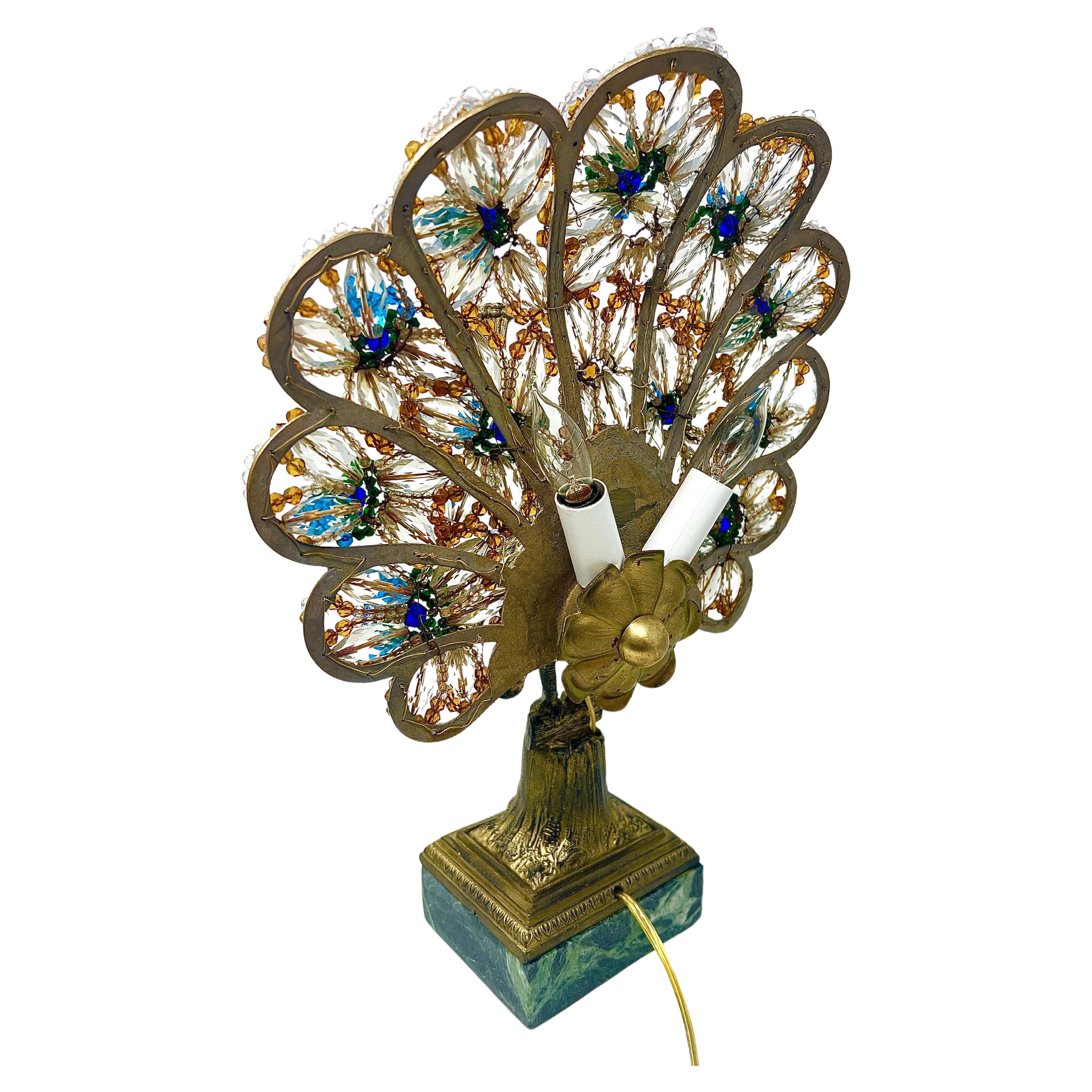 Antique French Art Nouveau Gold Bronze & Crystal Beaded Peacock Lamp, Circa 1915 For Sale 1