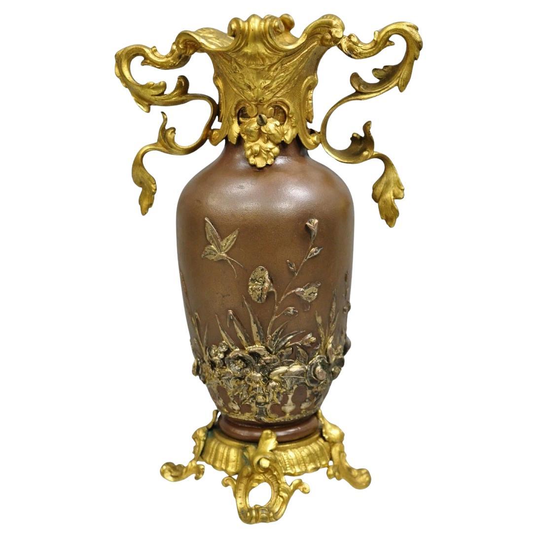 Antique French Art Nouveau Gold Gilt Patinated Bronze Small 9" Flower Vase For Sale