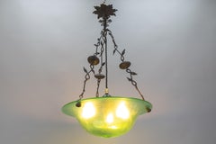 Antique French Art Nouveau Green Glass and Wrought Iron Pendant Light, ca 1920