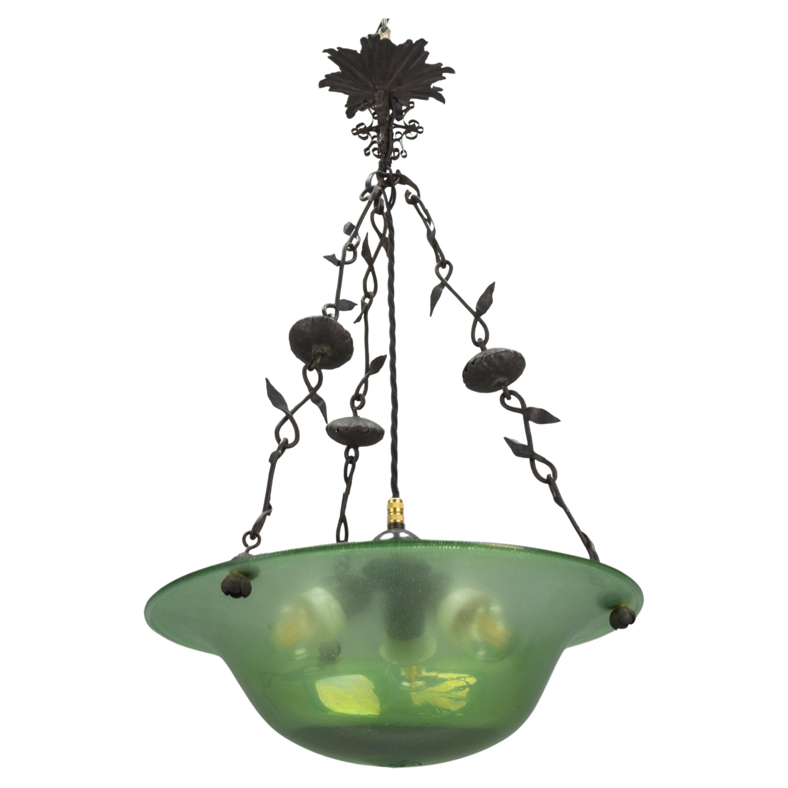 Antique French Art Nouveau Green Glass and Wrought Iron Pendant Light, ca 1920