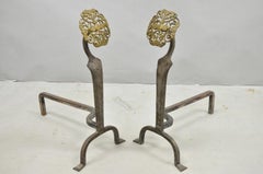 Antique French Art Nouveau Hand Hammered Wrought Iron & Bronze Andirons - a Pair