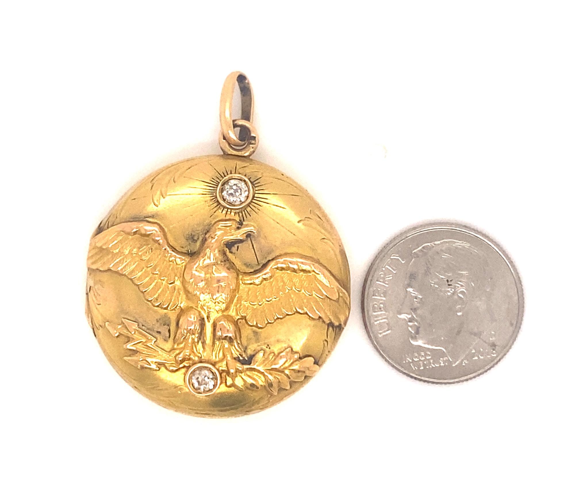 Old Mine Cut Antique French Art Nouveau Imperial Eagle 18K Gold Diamond Locket For Sale