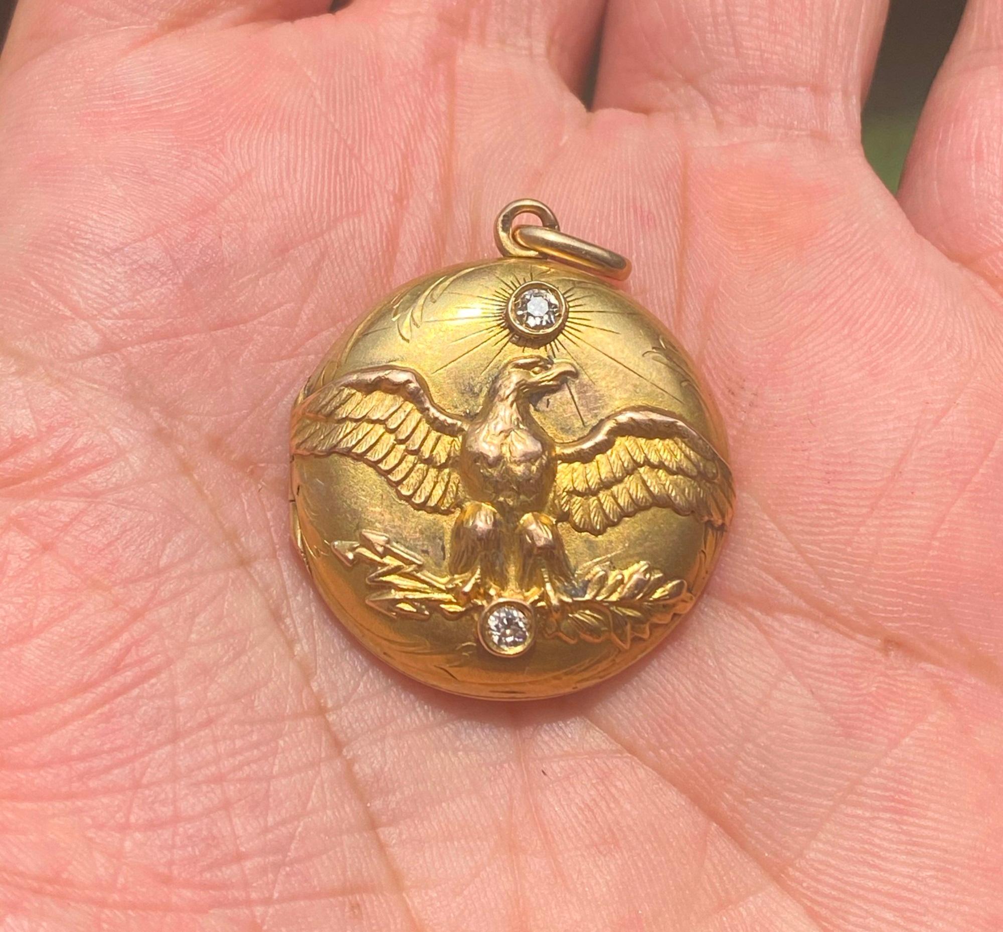 Women's or Men's Antique French Art Nouveau Imperial Eagle 18K Gold Diamond Locket For Sale