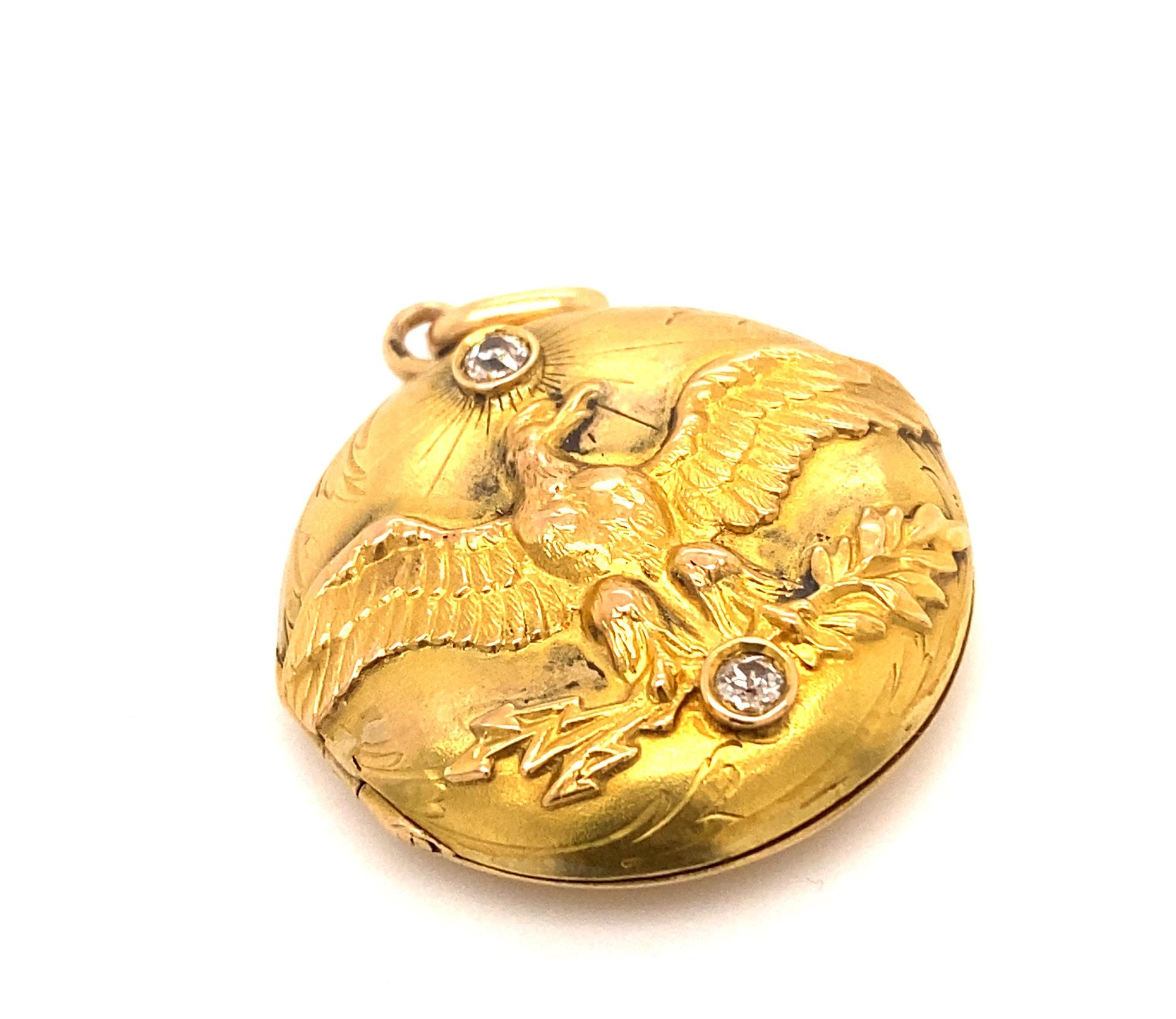 Antique French Art Nouveau Imperial Eagle 18K Gold Diamond Locket For Sale 2