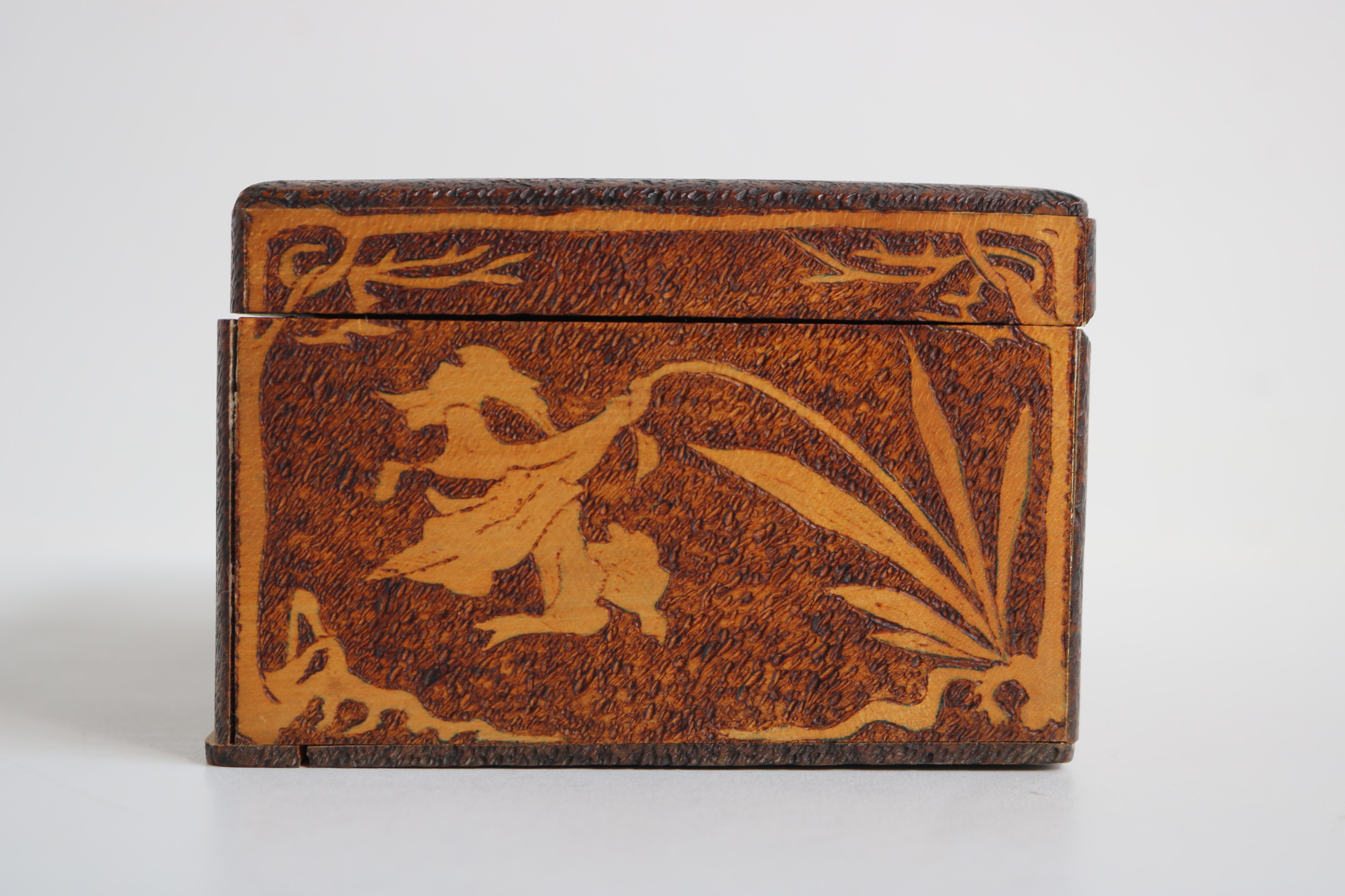 Hand-Carved Antique French Art Nouveau Jewelry Box 1906 Carved Wood Floral Jugendstil Velvet