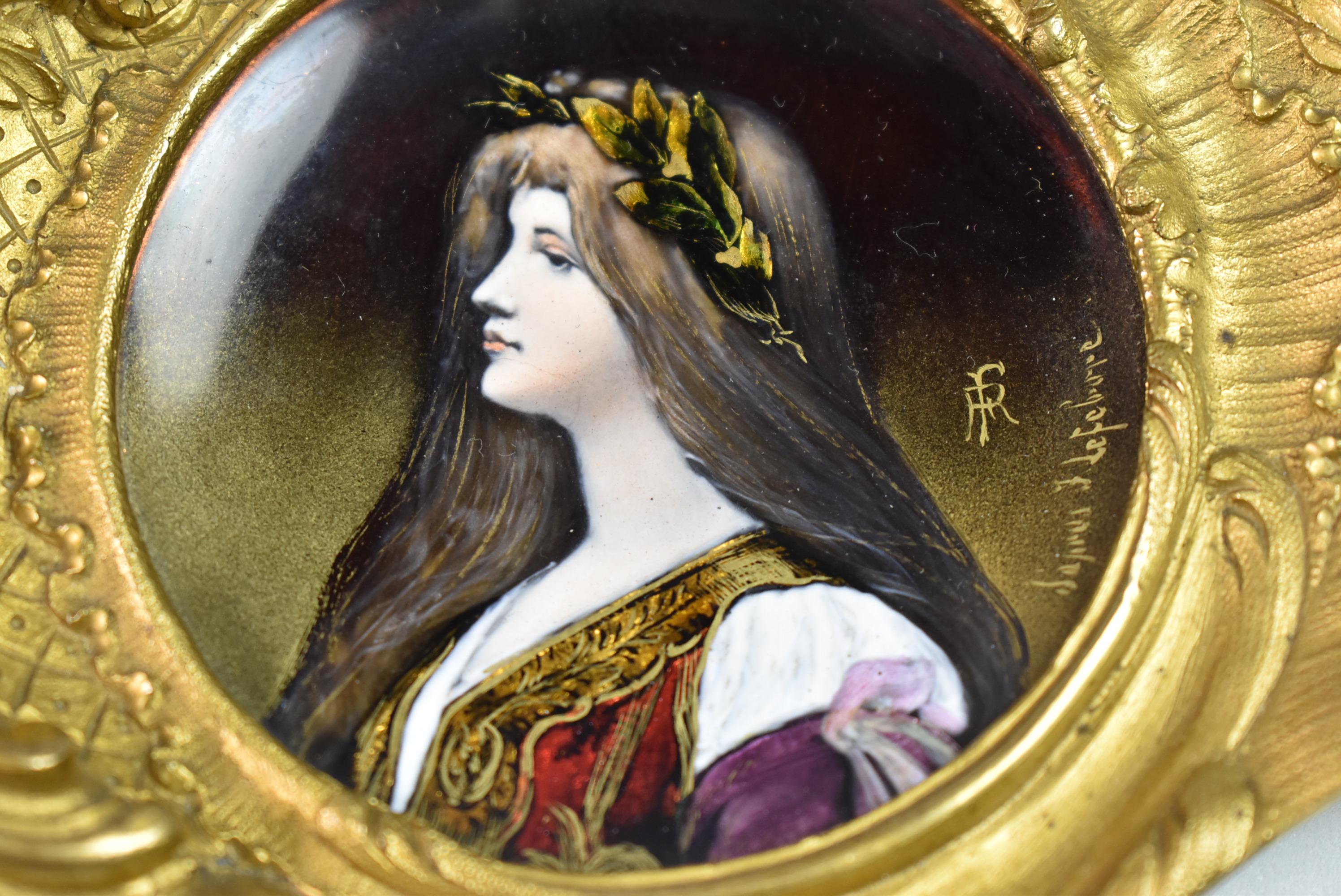 Antique Art Nouveau bronze jewelry pin tray with miniature hand painted portrait. Great details of a young lady. Signed and monogrammed. Ornate frame with floral details. Measures: 5.5