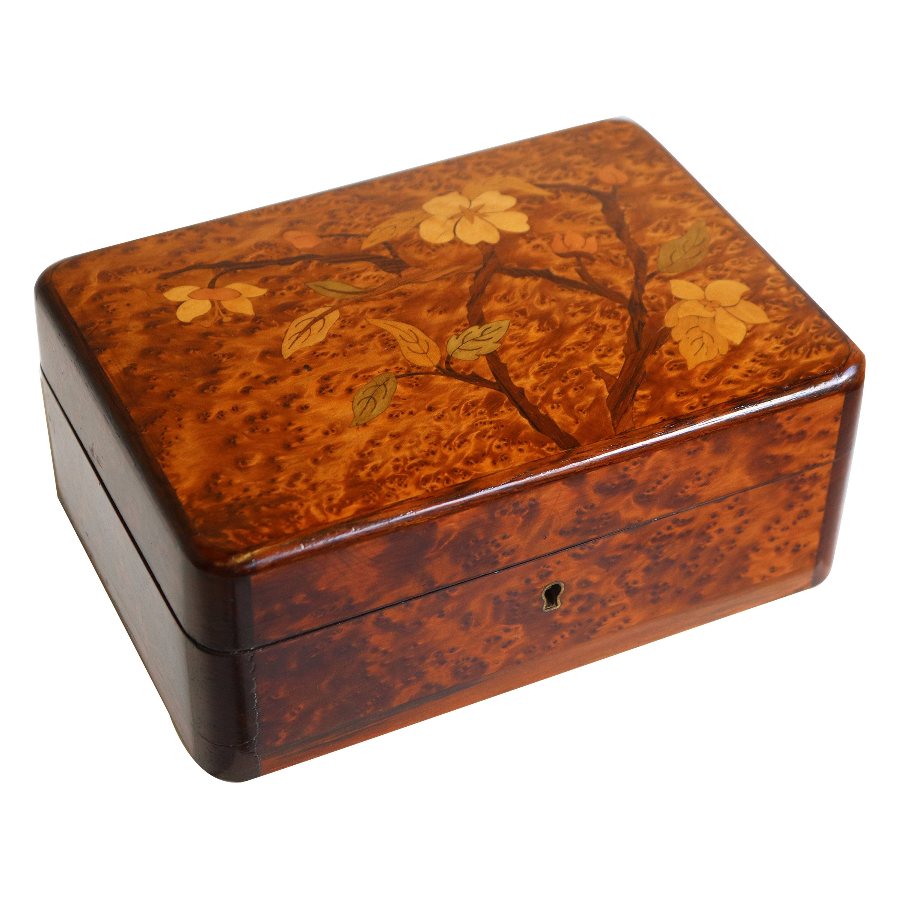 Antique French Art Nouveau / Jugendstil Jewelry Box in Burl Wood 
Floral Inlay