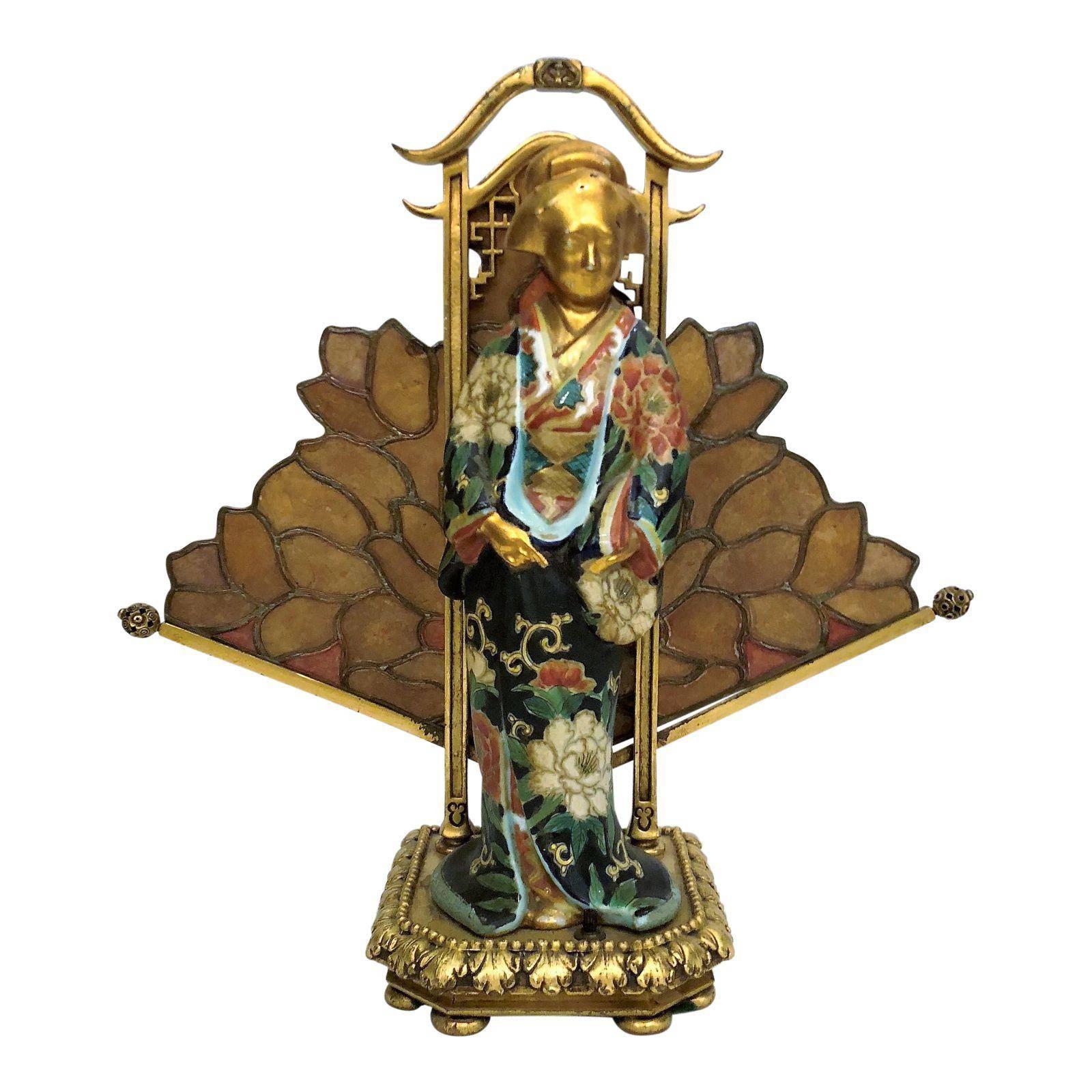 Antique French Art Nouveau Lamp, Kuan Xen Figure with Stained Glass, circa 1930 For Sale