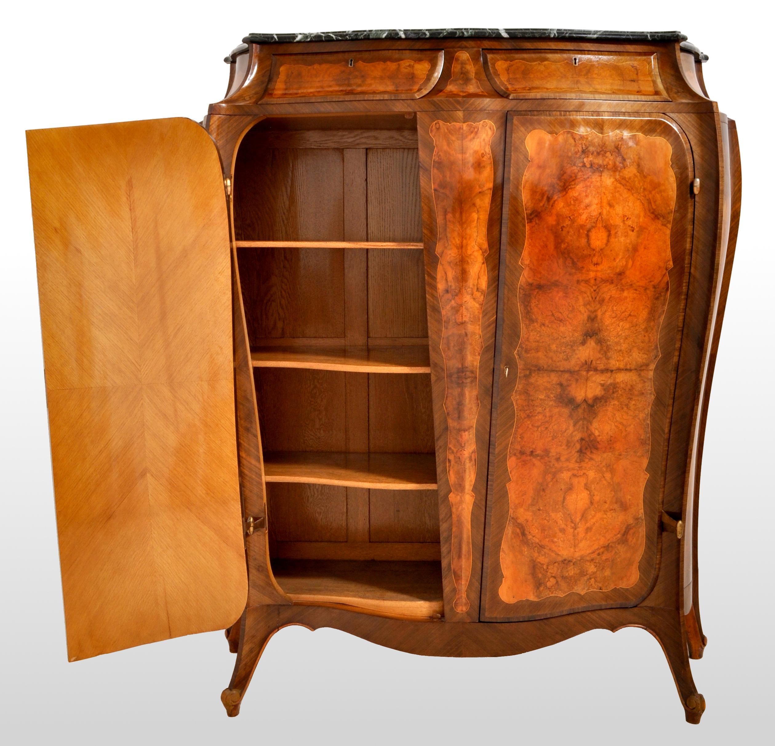 Antique French Art Nouveau Inlaid Walnut Tall Marble Top Cabinet, 1900 In Good Condition In Portland, OR