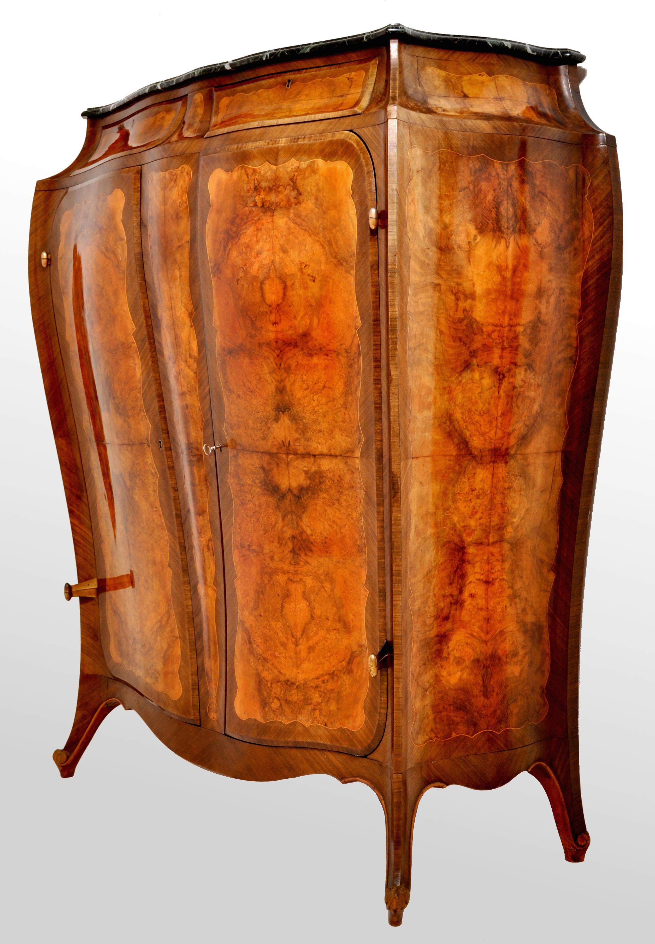 Antique French Art Nouveau Inlaid Walnut Tall Marble Top Cabinet, 1900 4