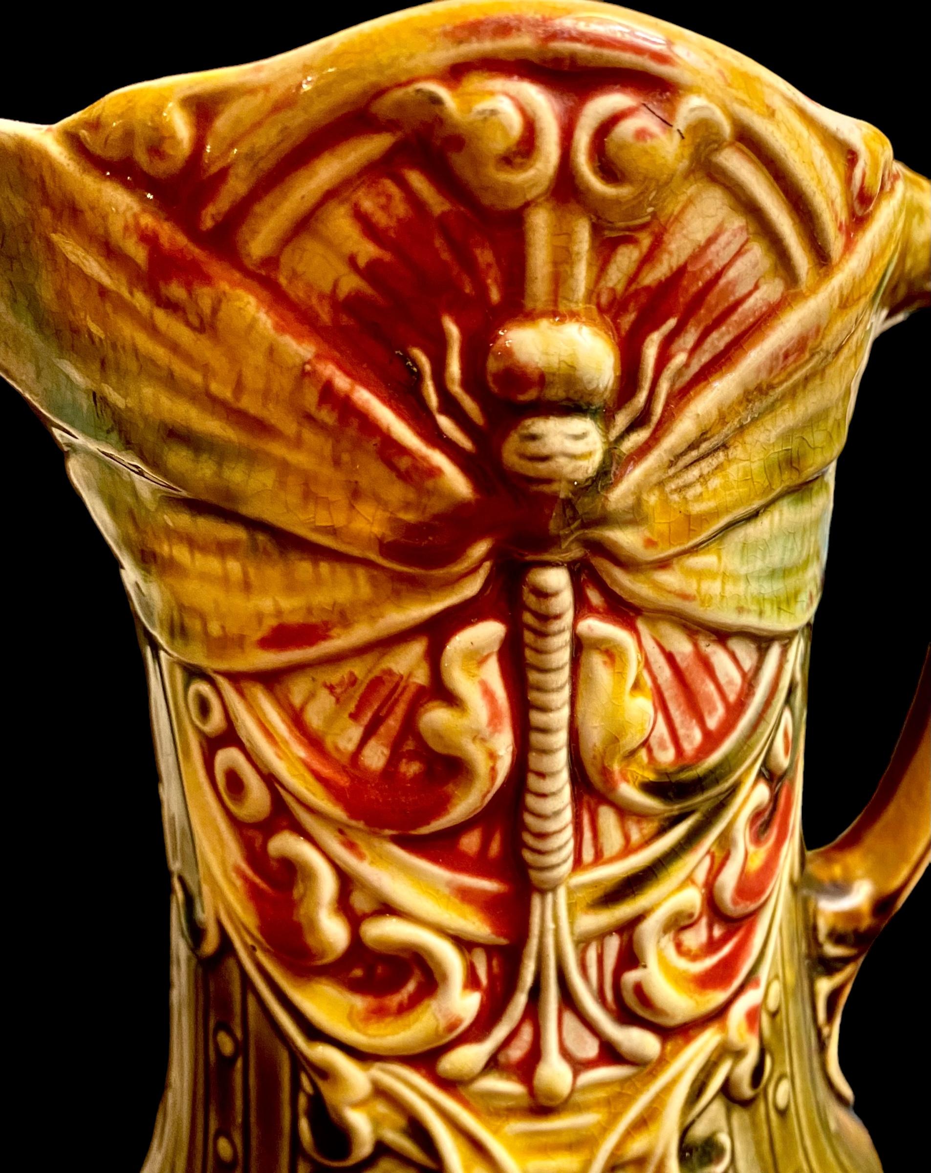 Antique French Art Nouveau Majolica Dragonfly Pitcher by Frie Onnaing For Sale 9