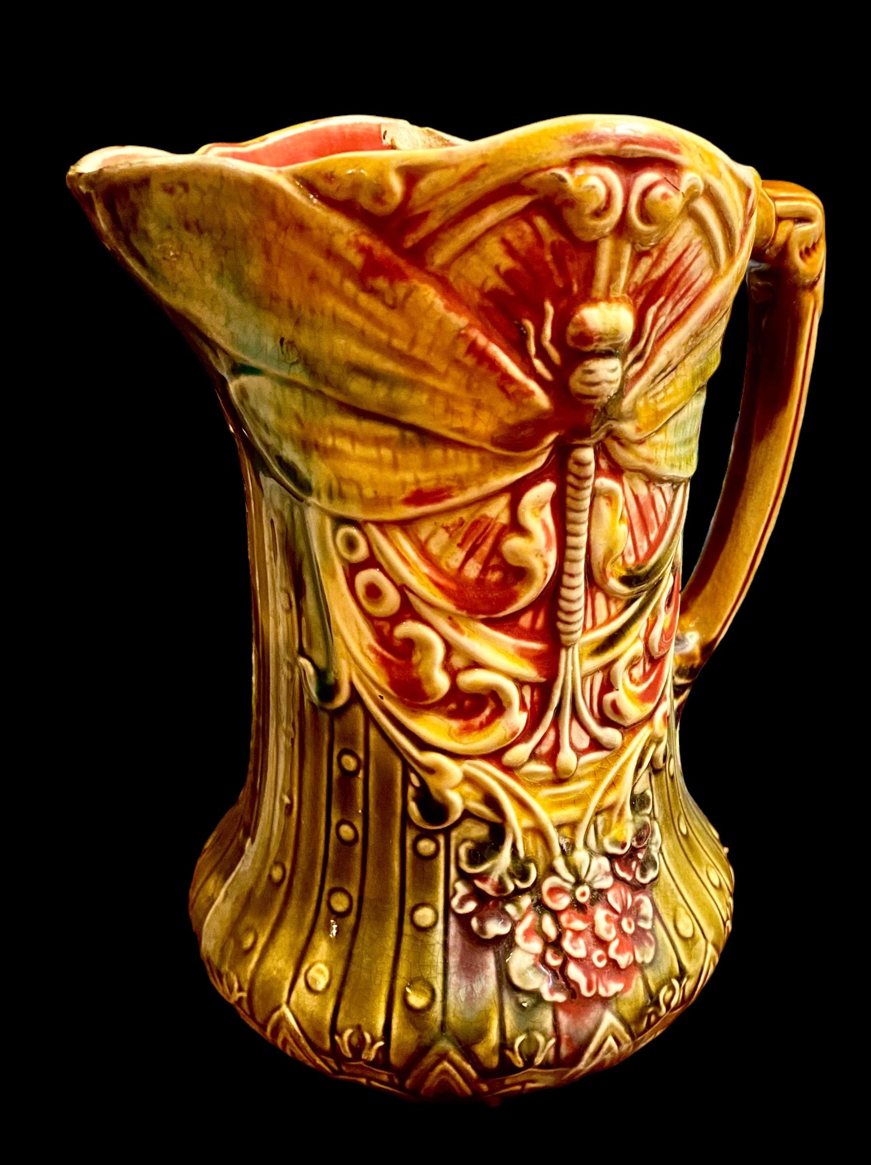 Antique French Art Nouveau Majolica Dragonfly Pitcher by Frie Onnaing For Sale 12