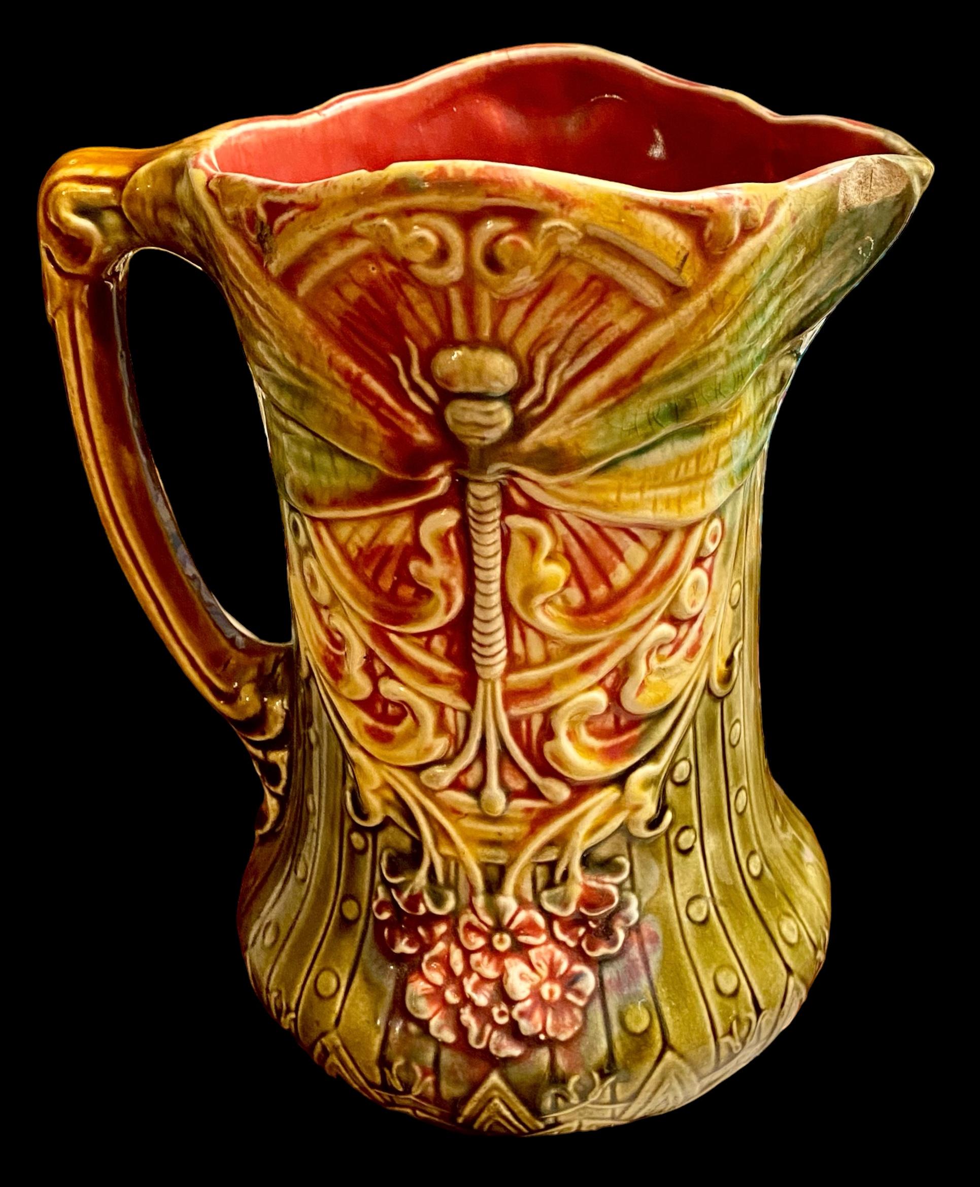 Antique French Art Nouveau Majolica Dragonfly Pitcher by Frie Onnaing For Sale 14