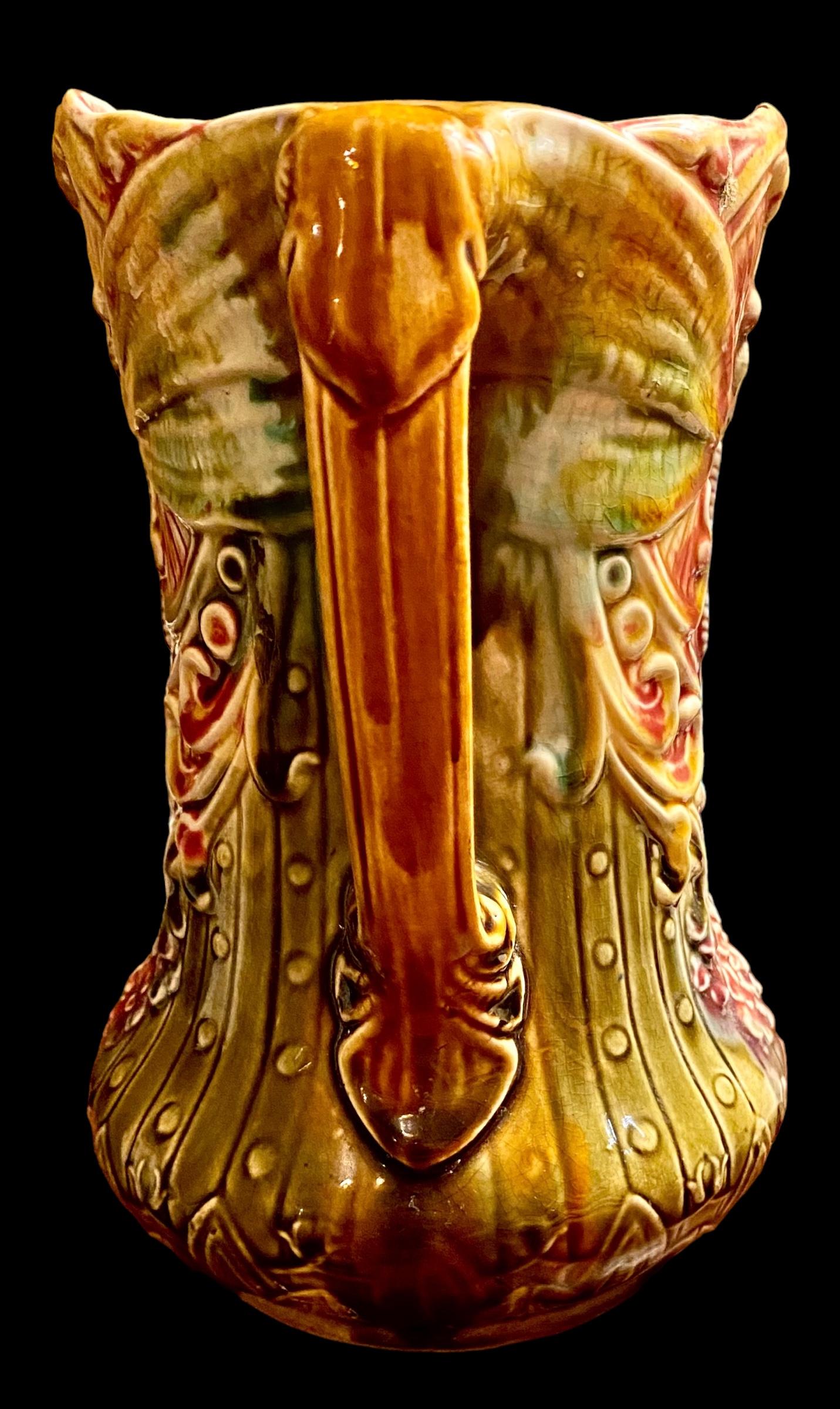 Fired Antique French Art Nouveau Majolica Dragonfly Pitcher by Frie Onnaing For Sale