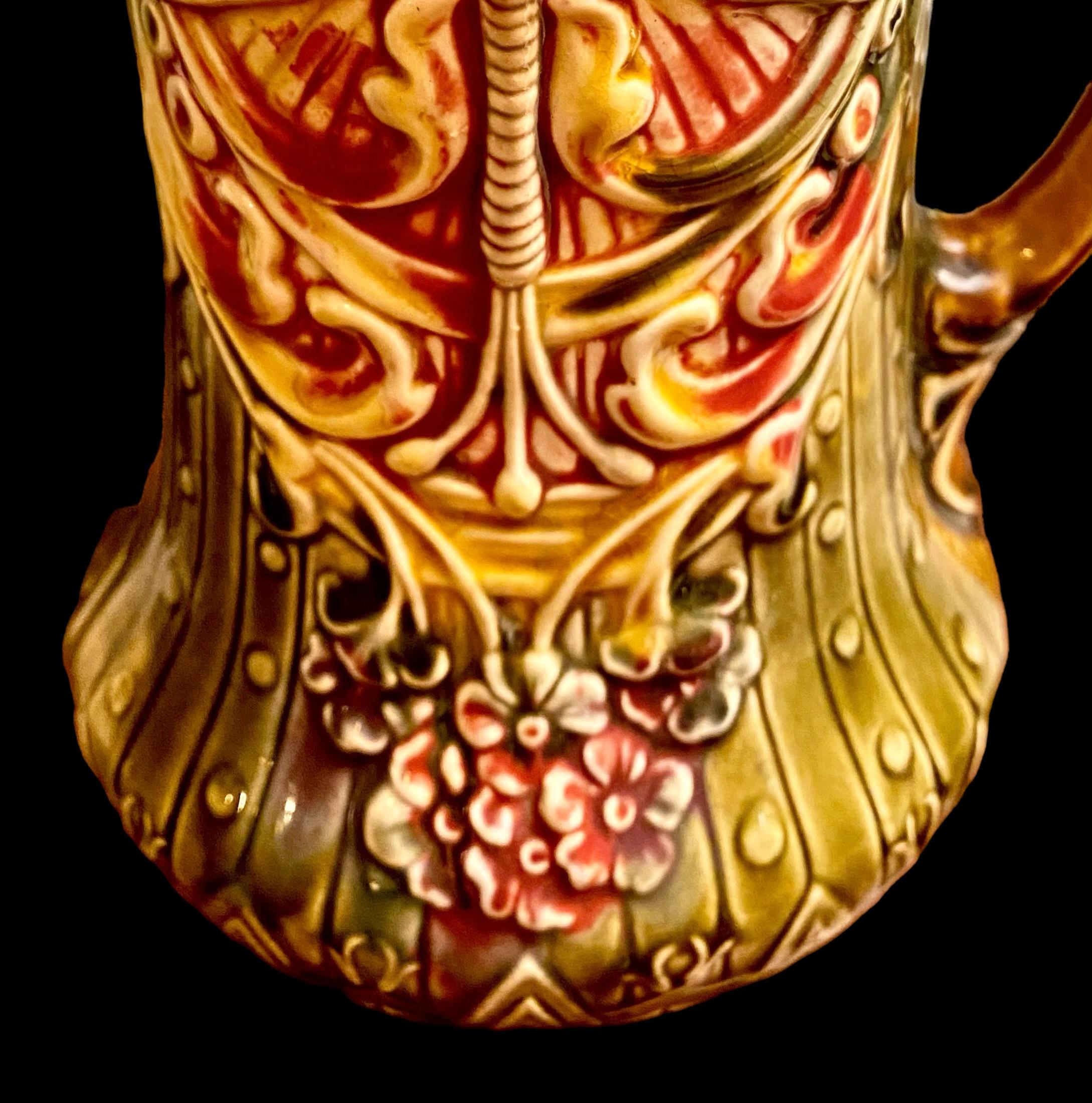Antique French Art Nouveau Majolica Dragonfly Pitcher by Frie Onnaing In Good Condition For Sale In New Orleans, LA