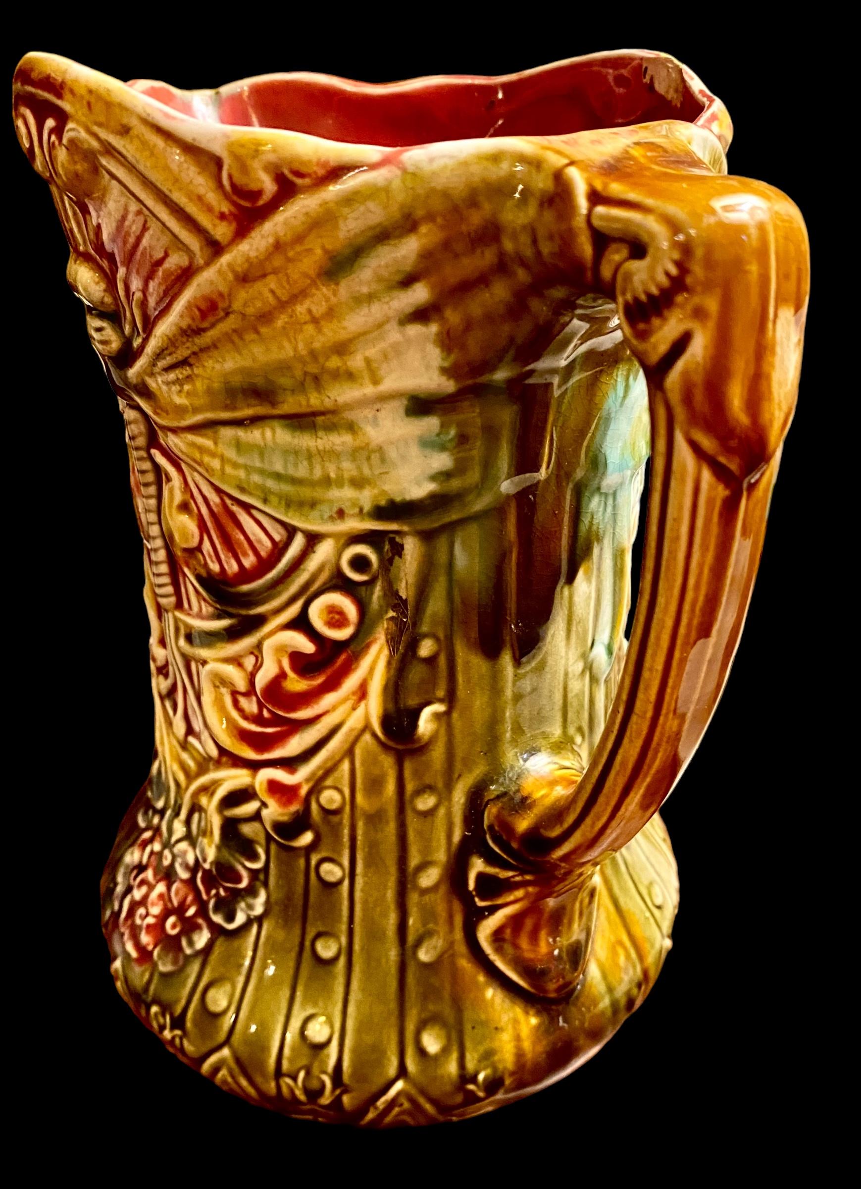 Late 19th Century Antique French Art Nouveau Majolica Dragonfly Pitcher by Frie Onnaing For Sale
