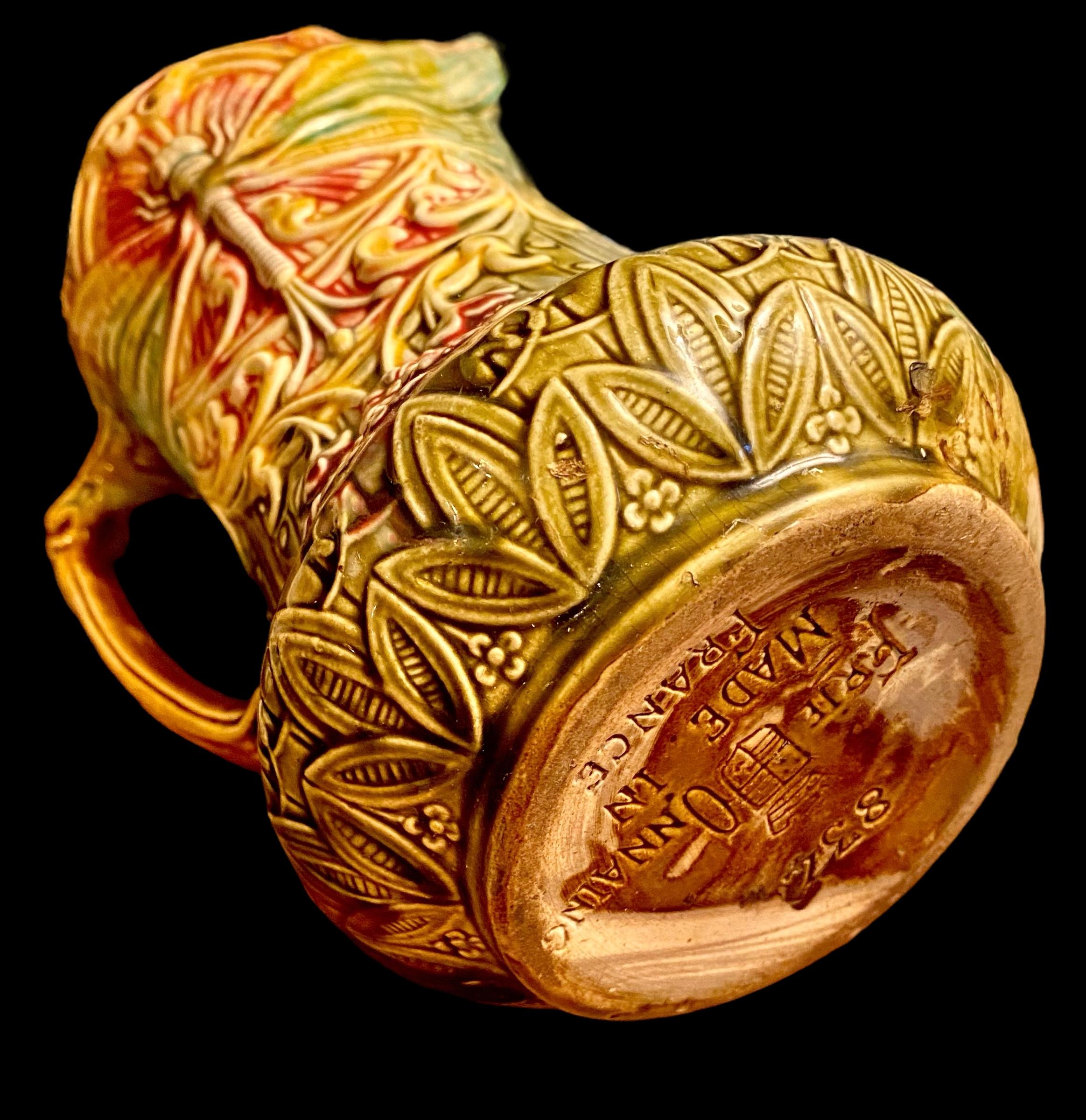 Antique French Art Nouveau Majolica Dragonfly Pitcher by Frie Onnaing For Sale 4