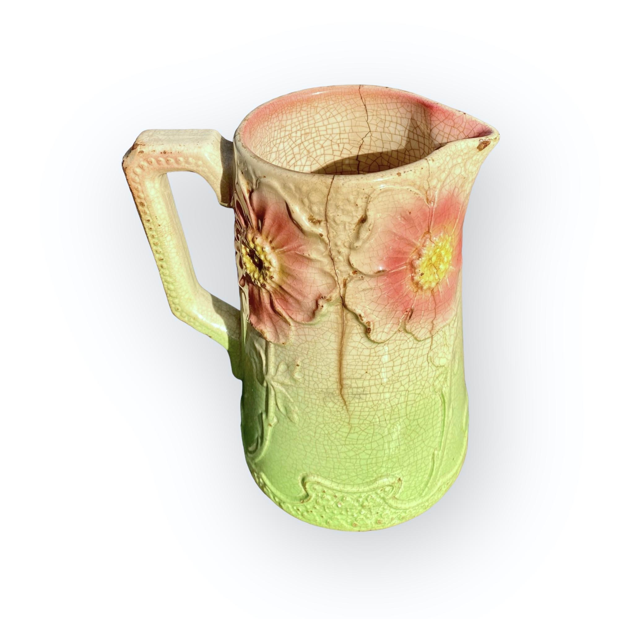 Antique French Art Nouveau Majolica Poppies Pitcher (brocca di papaveri) in vendita 1