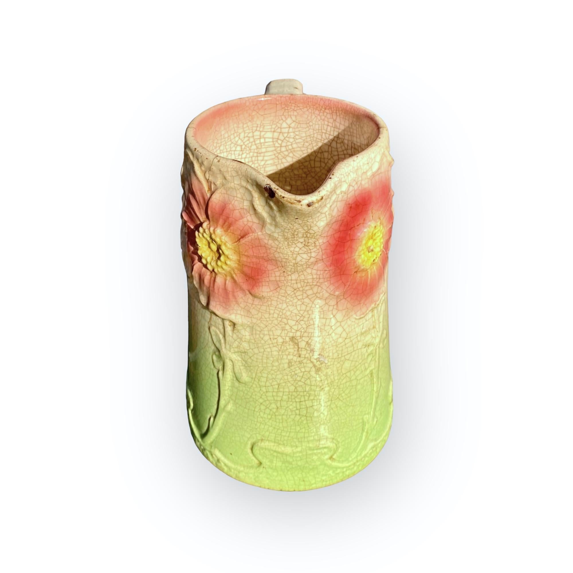 Antique French Art Nouveau Majolica Poppies Pitcher (brocca di papaveri) in vendita 2