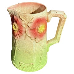 Antique French Art Nouveau Majolica Poppies Pitcher