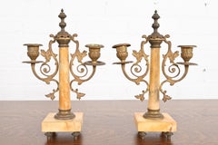 Antique French Art Nouveau Marble and Brass Two-Arm Candelabras, Pair