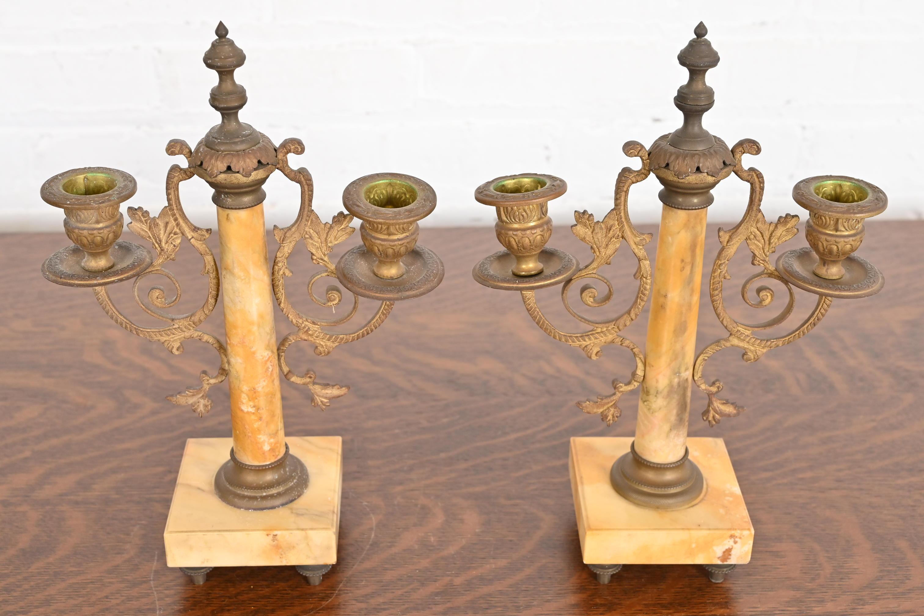 Art nouveau Antique French Art Nouveau Marble and Brass Two-Arm Candelabras, Pair en vente