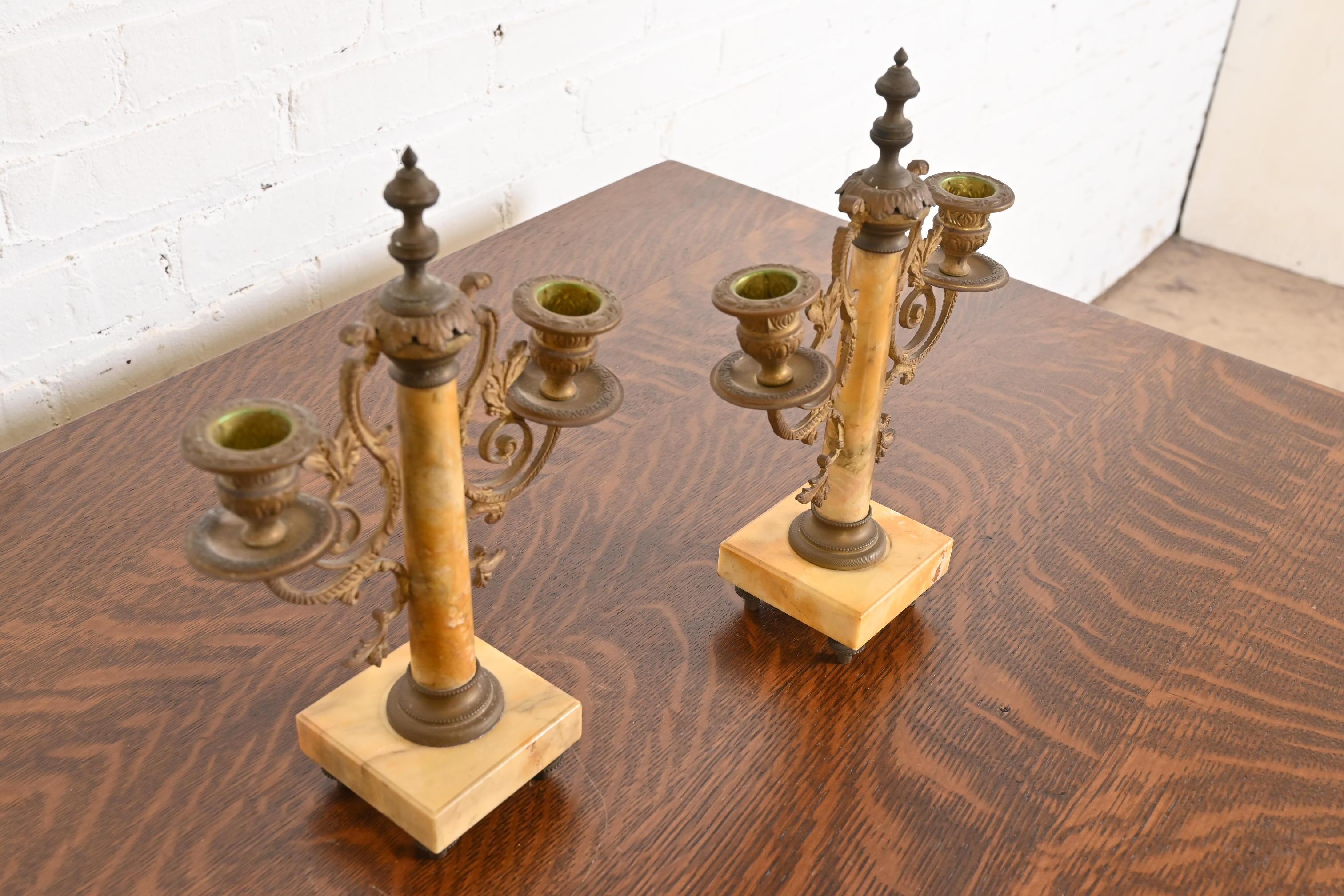Français Antique French Art Nouveau Marble and Brass Two-Arm Candelabras, Pair en vente