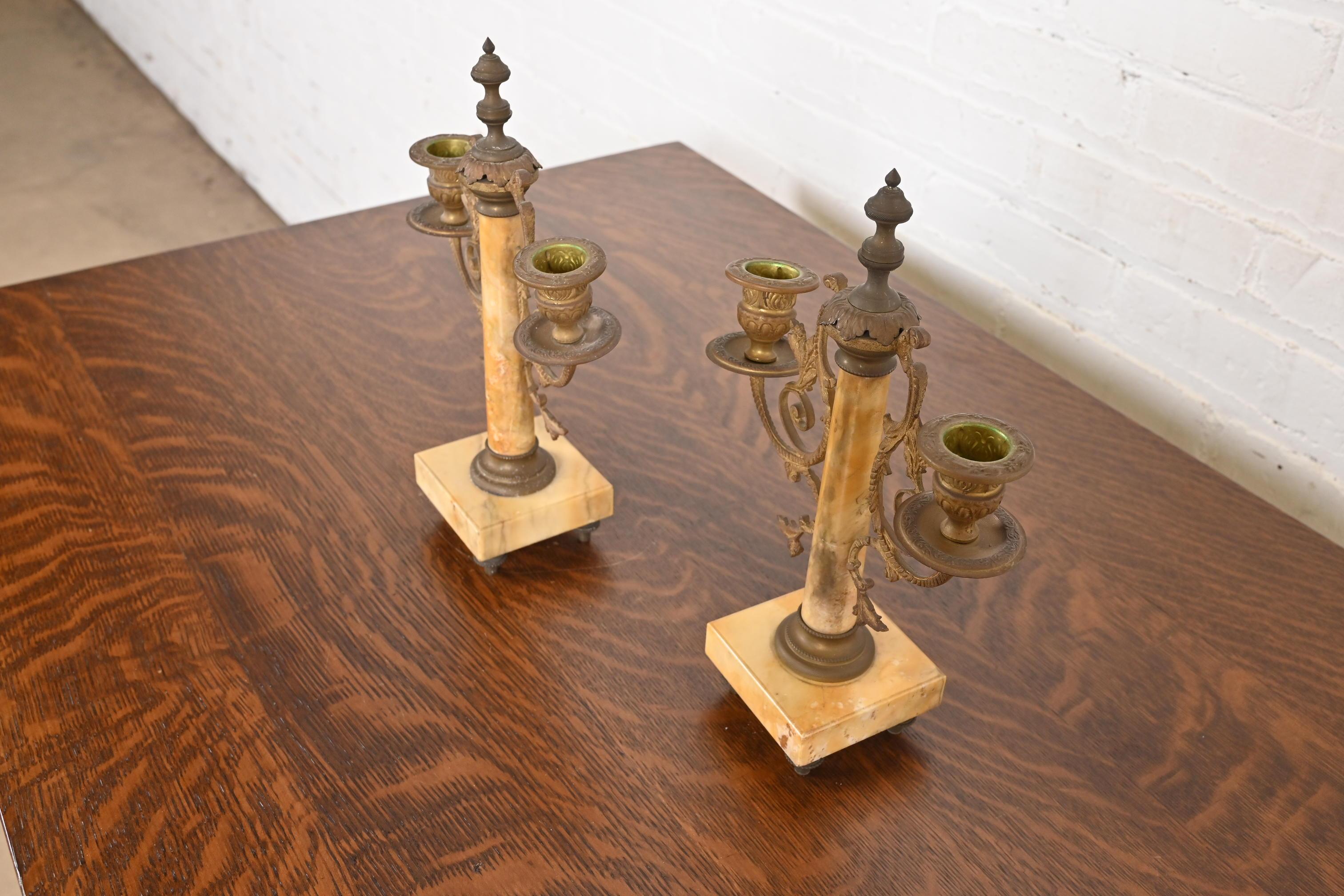 Antique French Art Nouveau Marble and Brass Two-Arm Candelabras, Pair Bon état - En vente à South Bend, IN