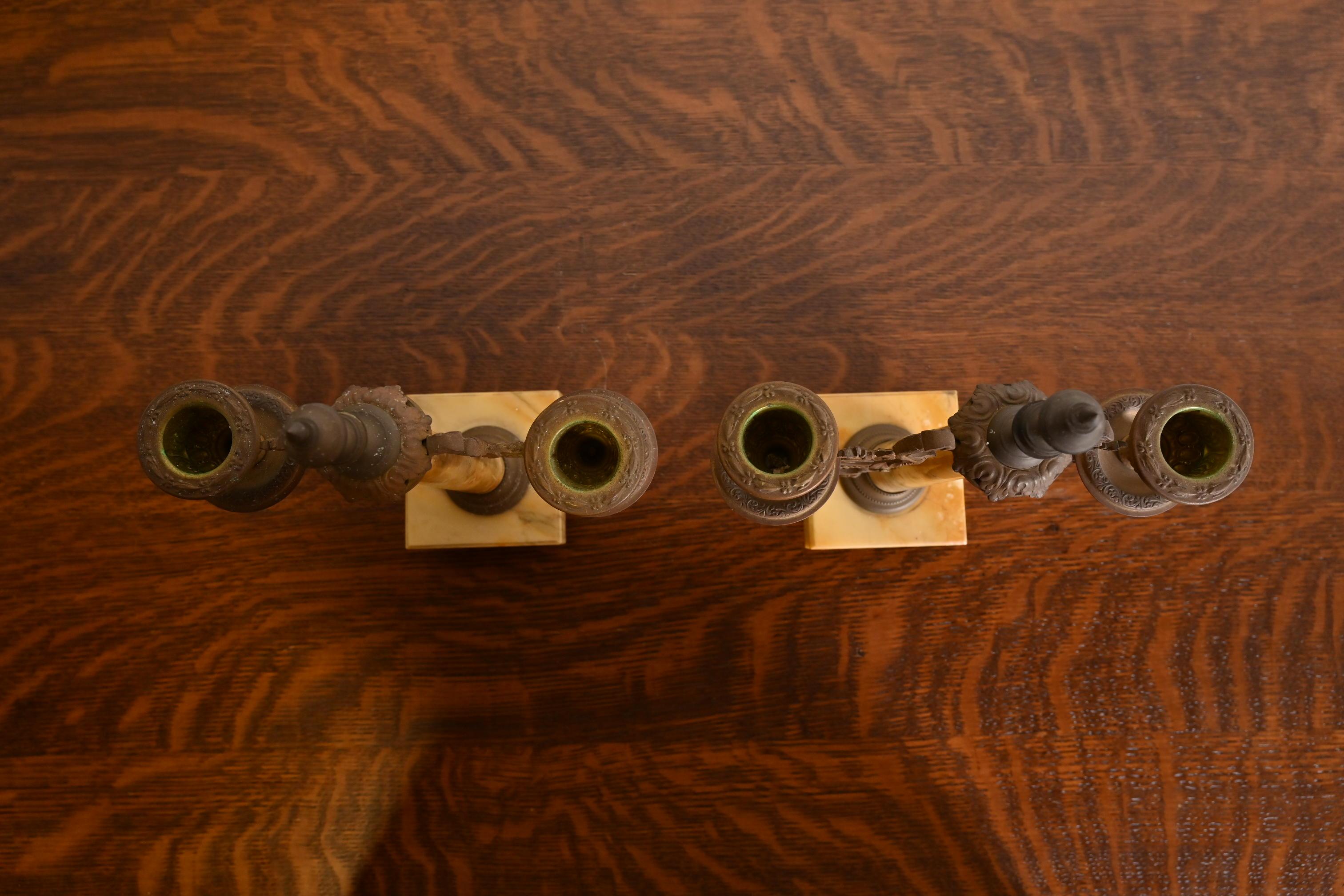 20ième siècle Antique French Art Nouveau Marble and Brass Two-Arm Candelabras, Pair en vente
