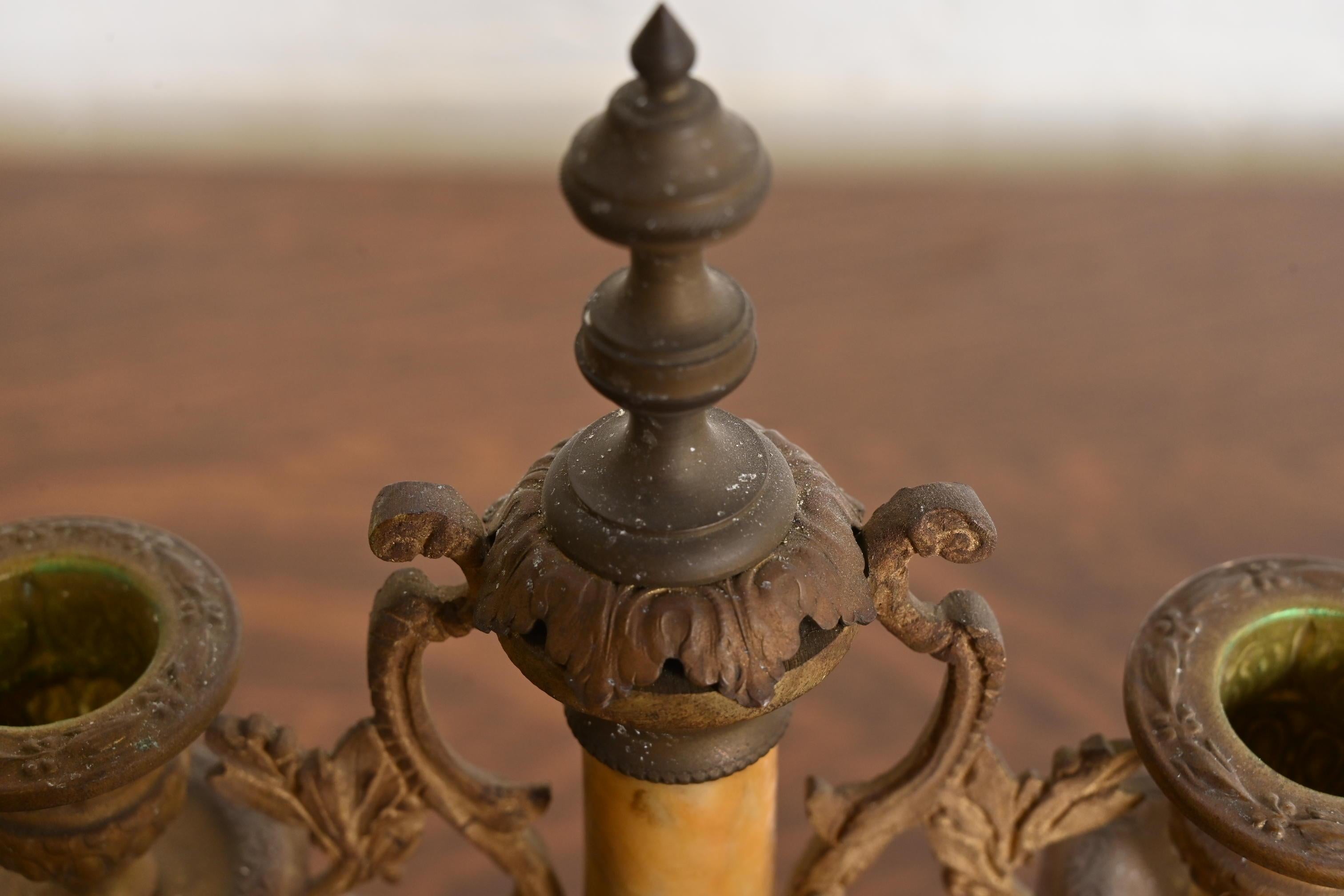 Laiton Antique French Art Nouveau Marble and Brass Two-Arm Candelabras, Pair en vente